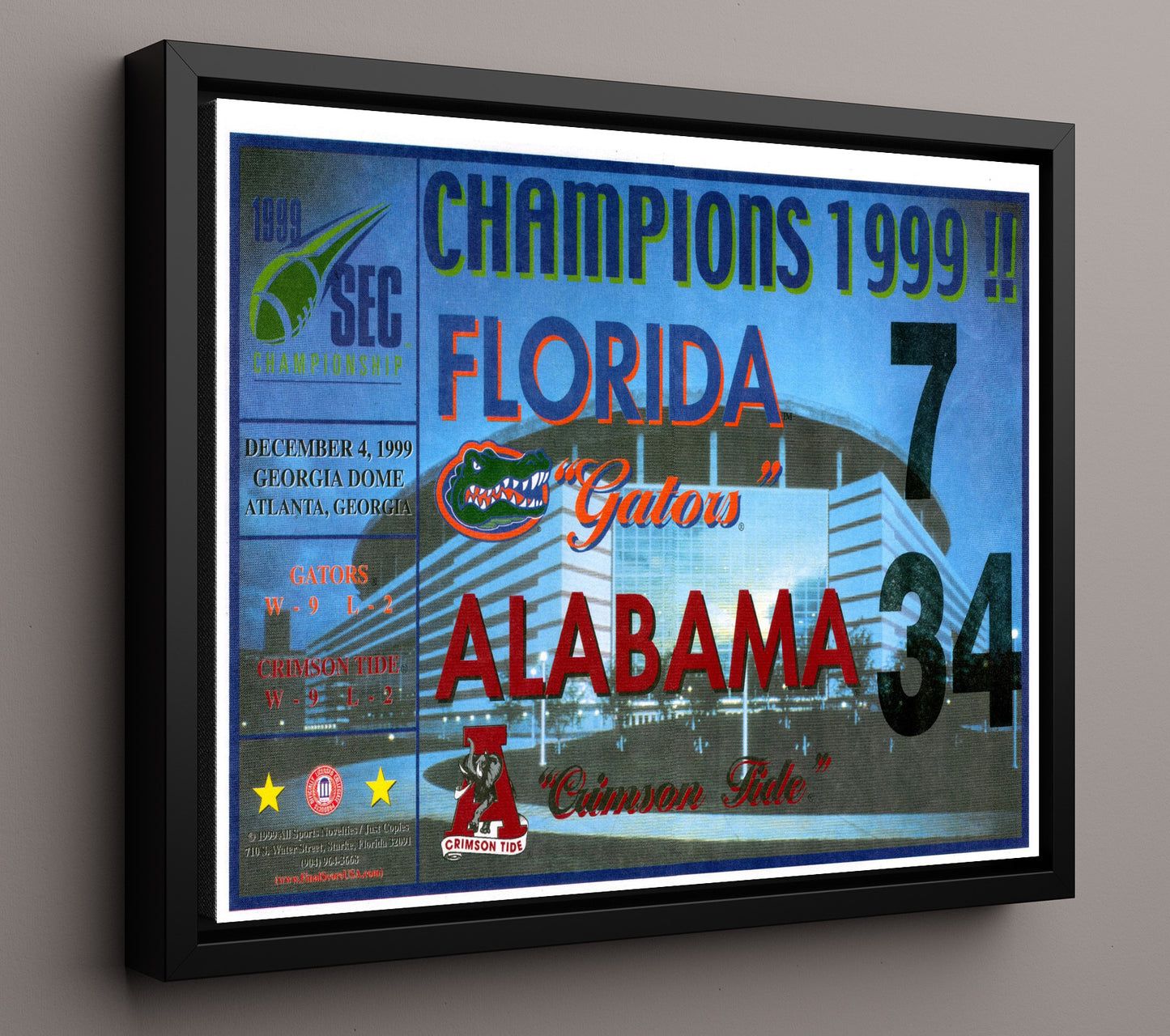 Alabama Football - 1999 SEC Championship Scorecard 8x10 Framed Canvas college football wall art