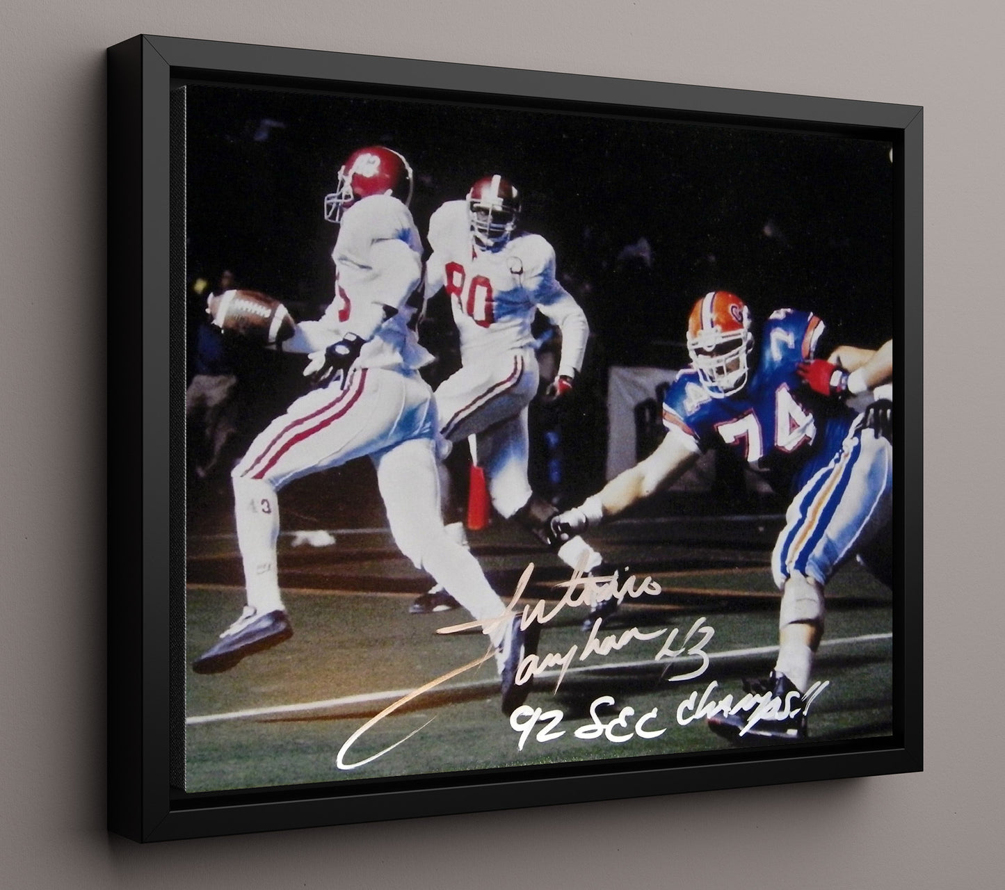 Alabama Football Antonio Langham Interception Return 1992 SEC Championship College Football 16x20 Framed Canvas wall art print – College Football decor