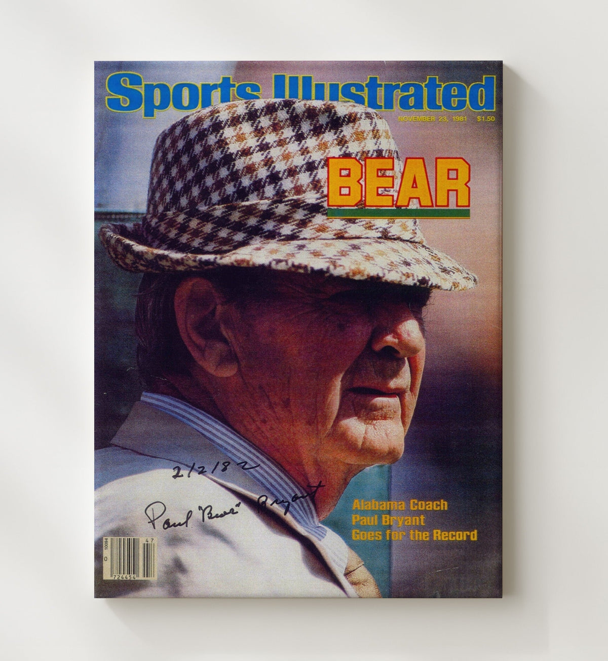 Alabama Football - Bear Bryant - Record Chase 8x10 Canvas college football wall art