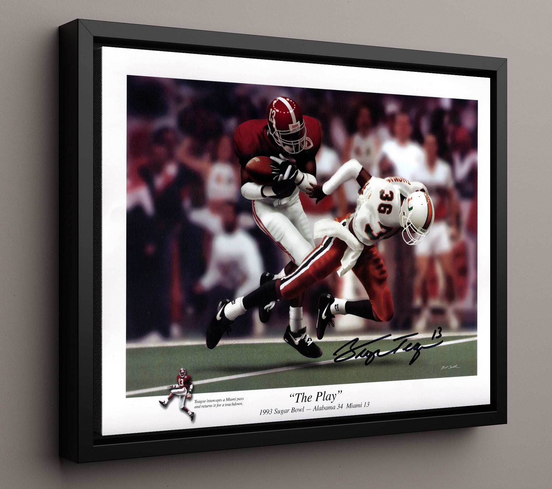 Alabama Football George Teague Interception Return The Play College Football Wall Art 16x20 Framed Canvas wall art print – College Football decor