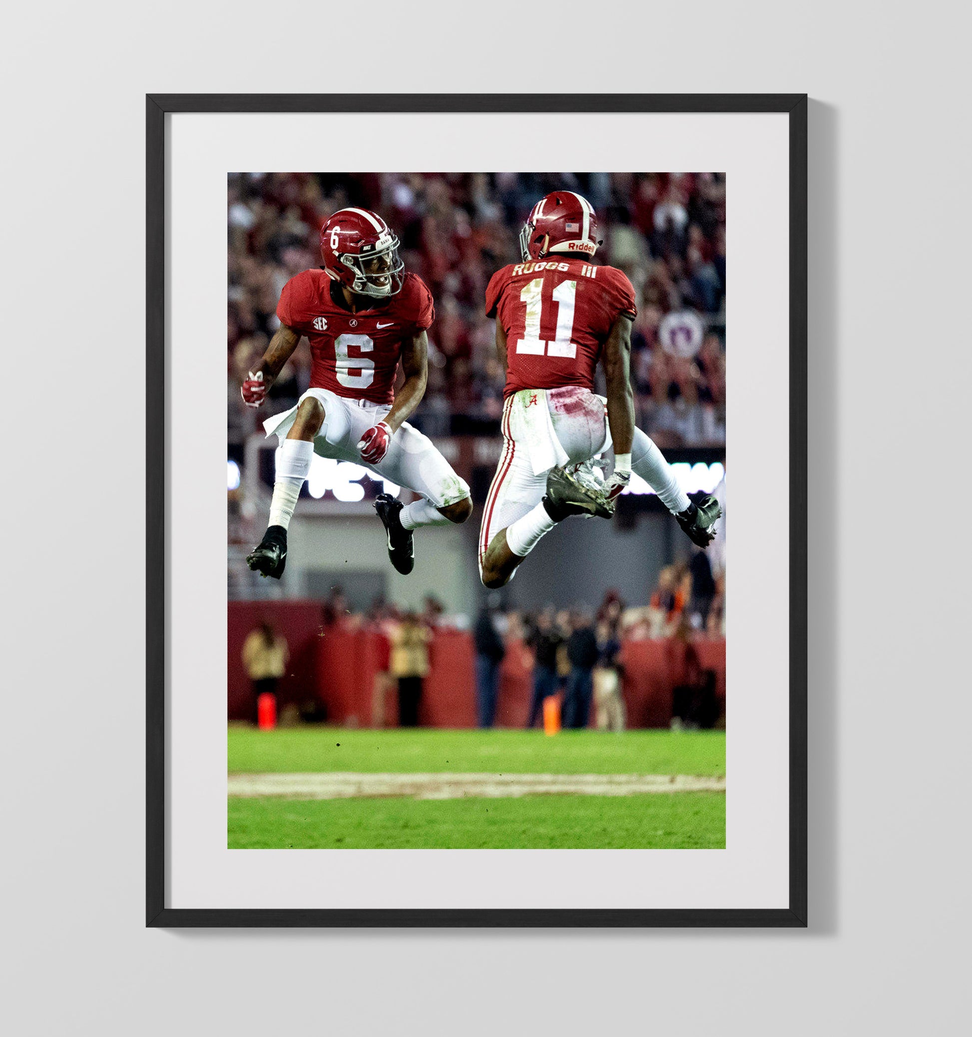 Alabama Football Henry Ruggs and DeVonta Smith Midair Celebration College Football Wall Art 16x20 Gallery Frame wall art print – College Football decor