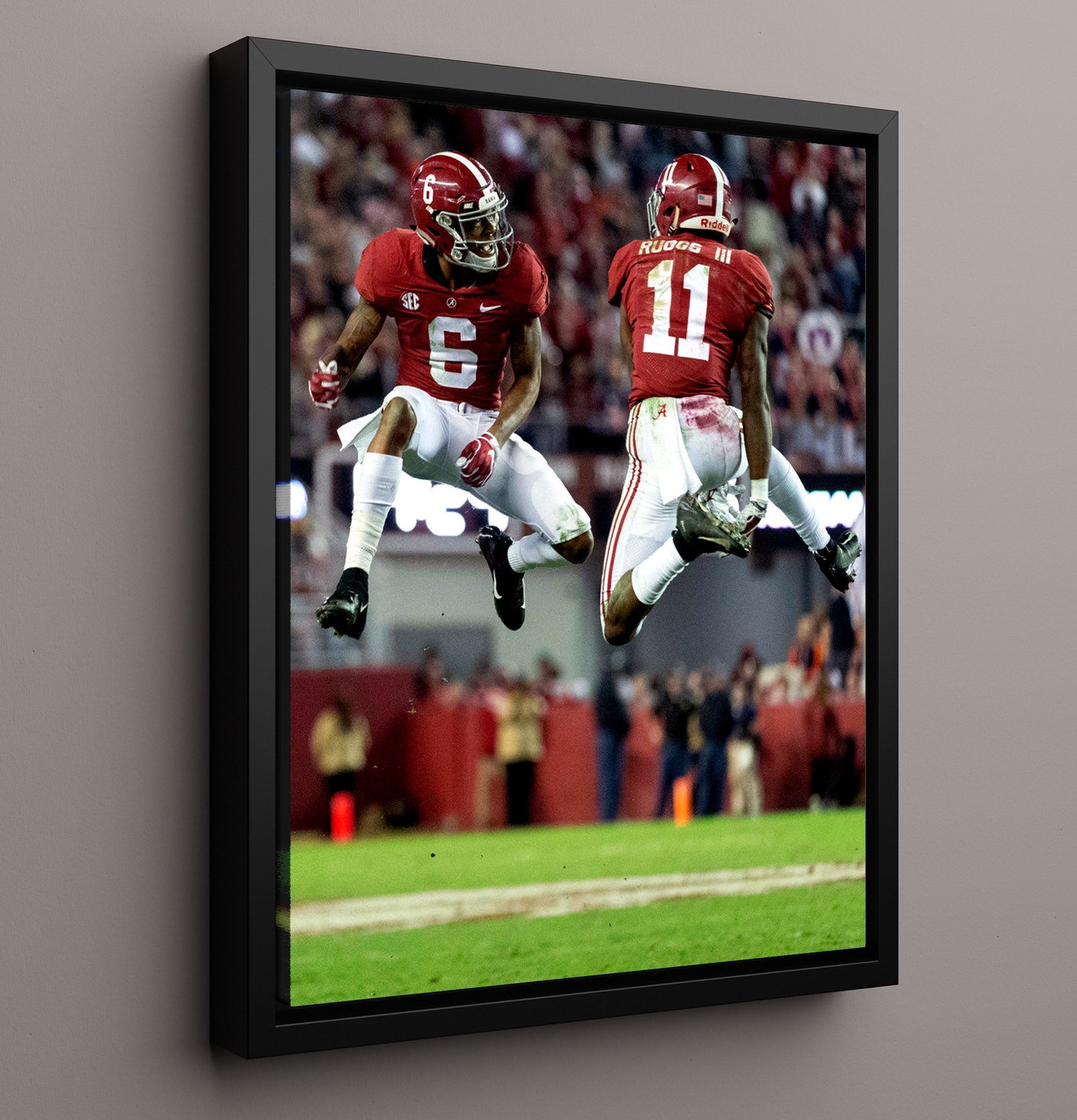 Alabama Football Henry Ruggs and DeVonta Smith Midair Celebration College Football Wall Art 16x20 Framed Canvas wall art print – College Football decor