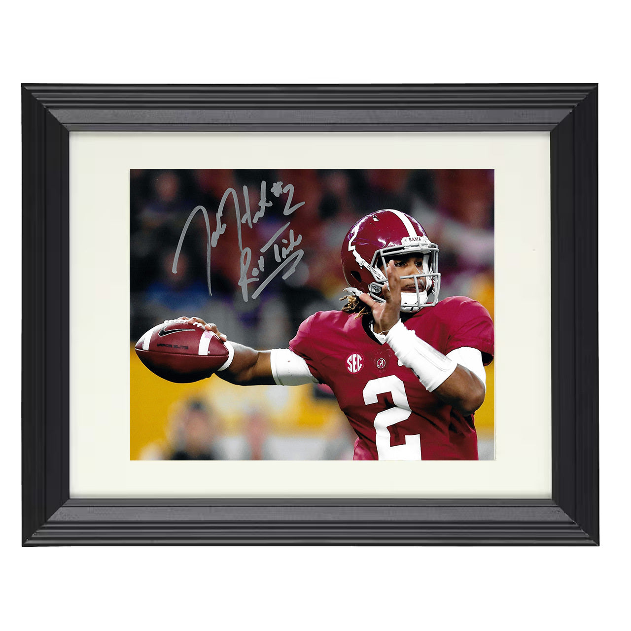 Alabama Jalen Hurts Dropback Pass Commanding Pocket 8x10 black beveled frame college football wall art