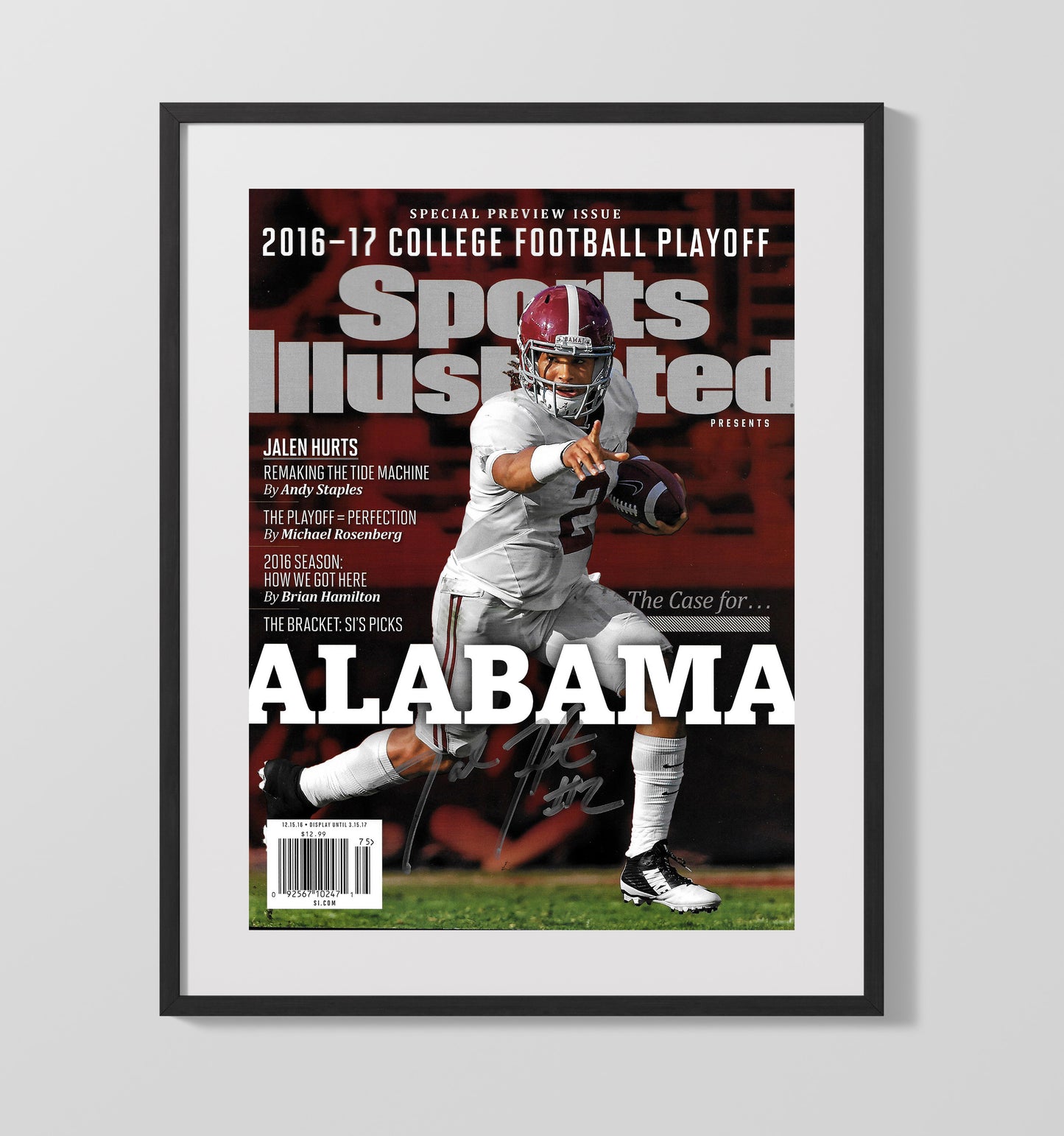 Alabama Football Jalen Hurts Playoff Command Run 2016 SI Cover College Football Wall Art 16x20 Gallery Frame wall art print – College Football decor