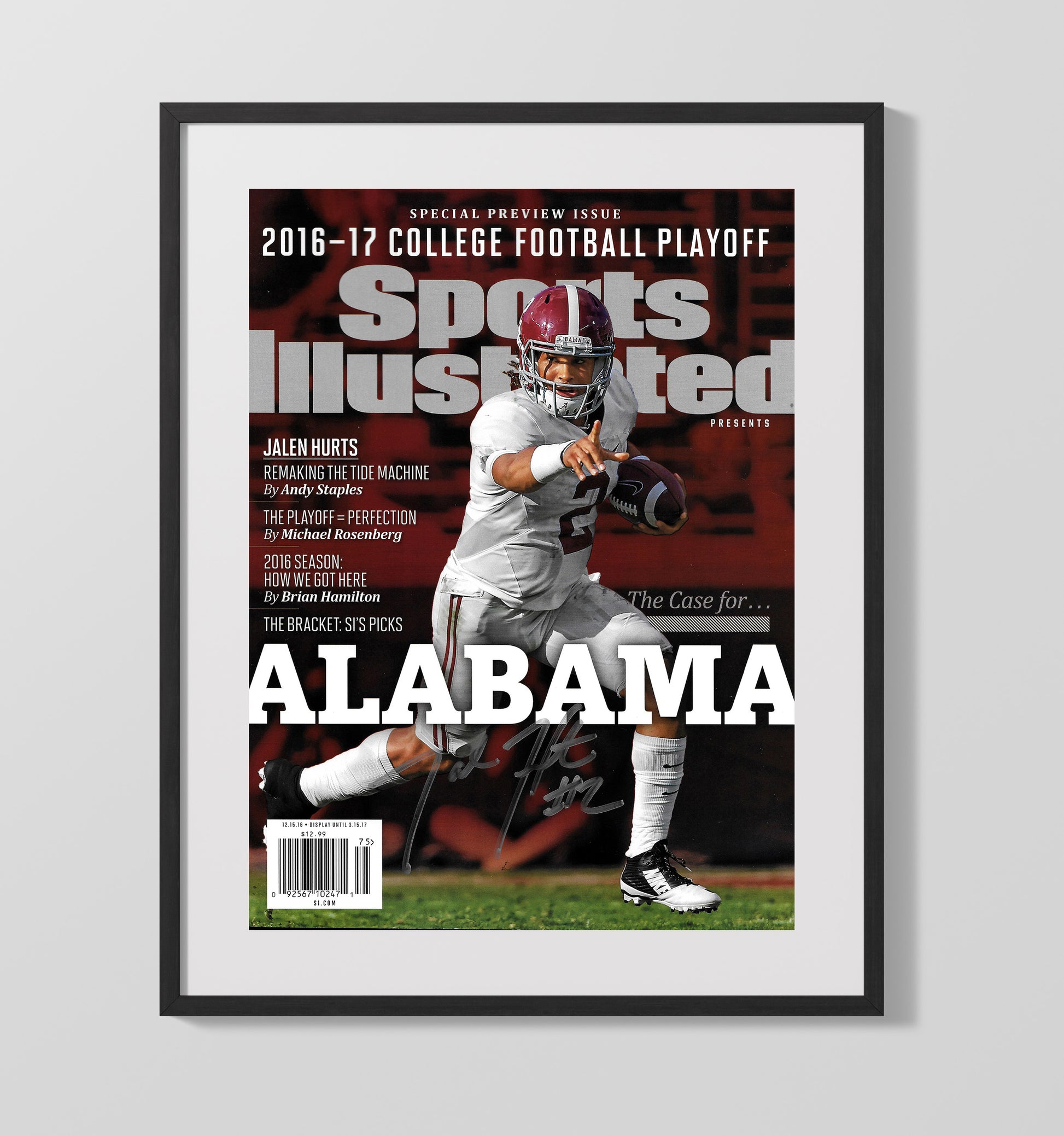 Alabama Football Jalen Hurts Playoff Command Run 2016 SI Cover College Football Wall Art 16x20 Gallery Frame wall art print – College Football decor