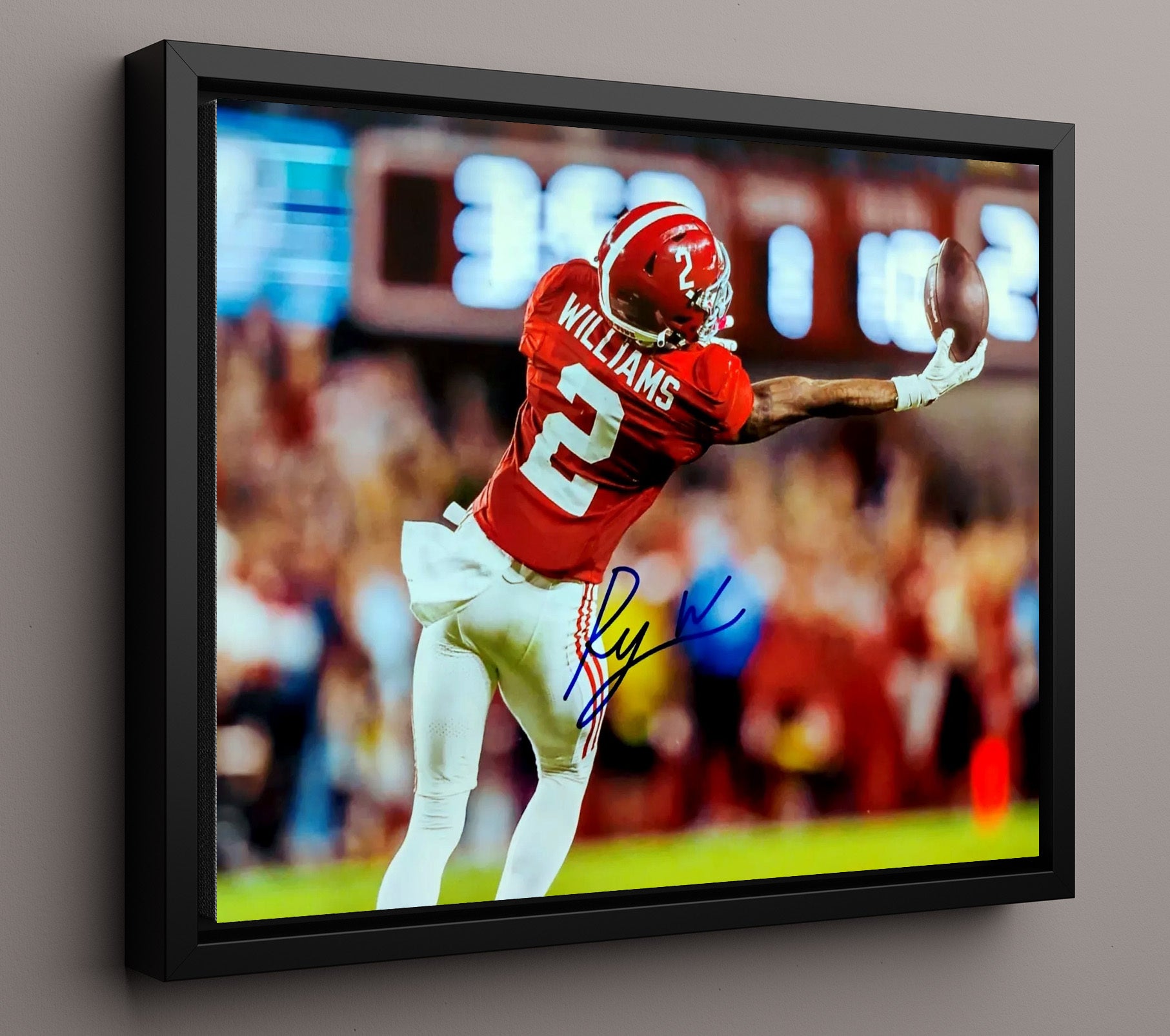 Alabama Football Jameson Williams One Handed Reception Extension College Football Wall Art 16x20 Framed Canvas wall art print – College Football decor