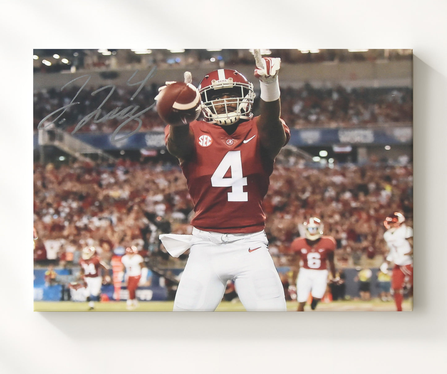Alabama Football Jerry Jeudy End Zone Signal College Football Wall Art 20x24 Canvas wall art print – College Football decor