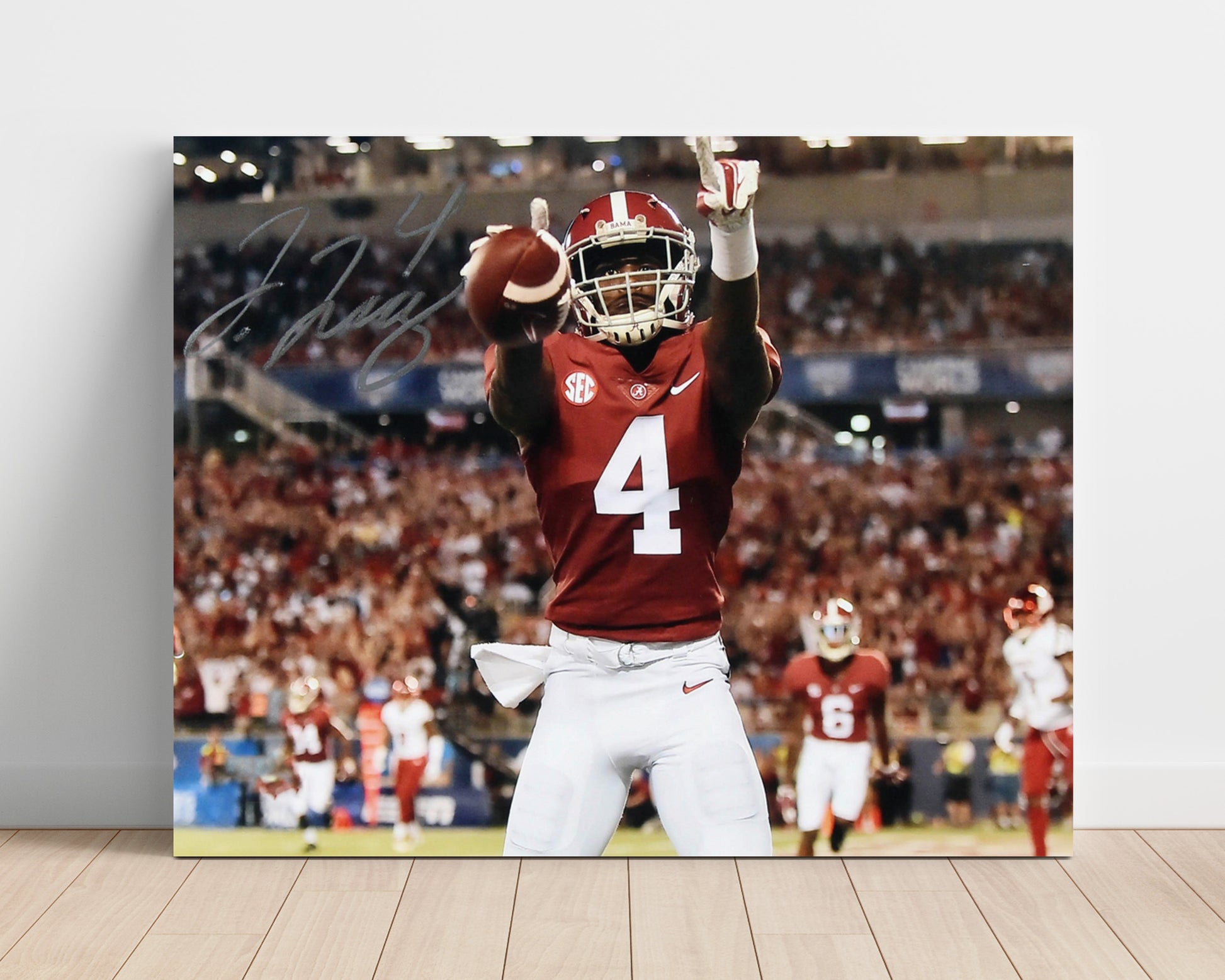 Alabama Football Jerry Jeudy End Zone Signal College Football Wall Art 16x20 Unframed Print wall art print – College Football decor