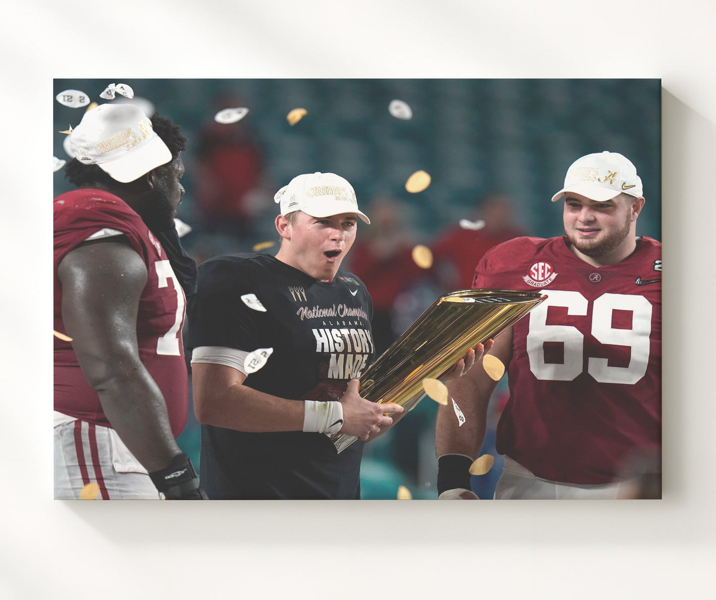 Alabama Football - Mac Jones and Landon Dickerson Championship Trophy Celebration 8x10 Canvas college football wall art