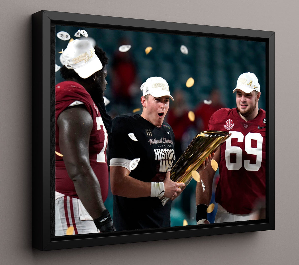 Alabama Football - Mac Jones and Landon Dickerson Championship Trophy Celebration 8x10 Framed Canvas college football wall art