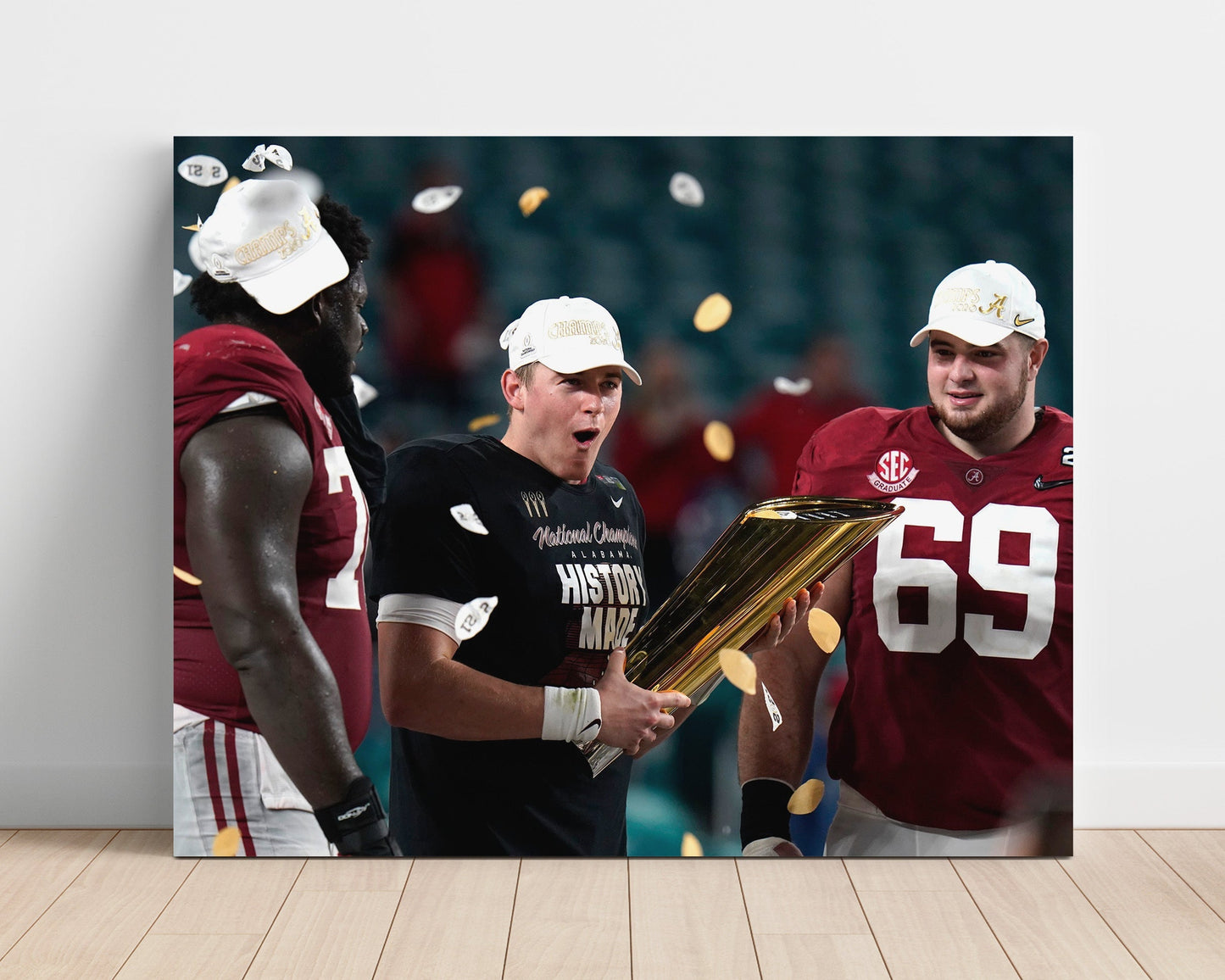 Alabama Football - Mac Jones and Landon Dickerson Championship Trophy Celebration 8x10 Unframed Print college football wall art