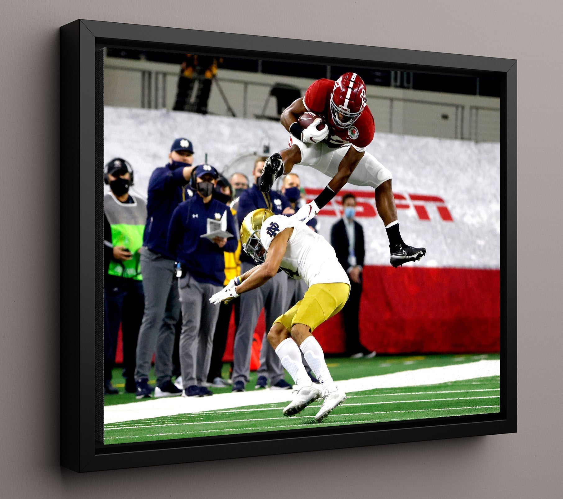 Alabama Football - Najee Harris Hurdle Run vs Defender 8x10 Framed Canvas college football wall art