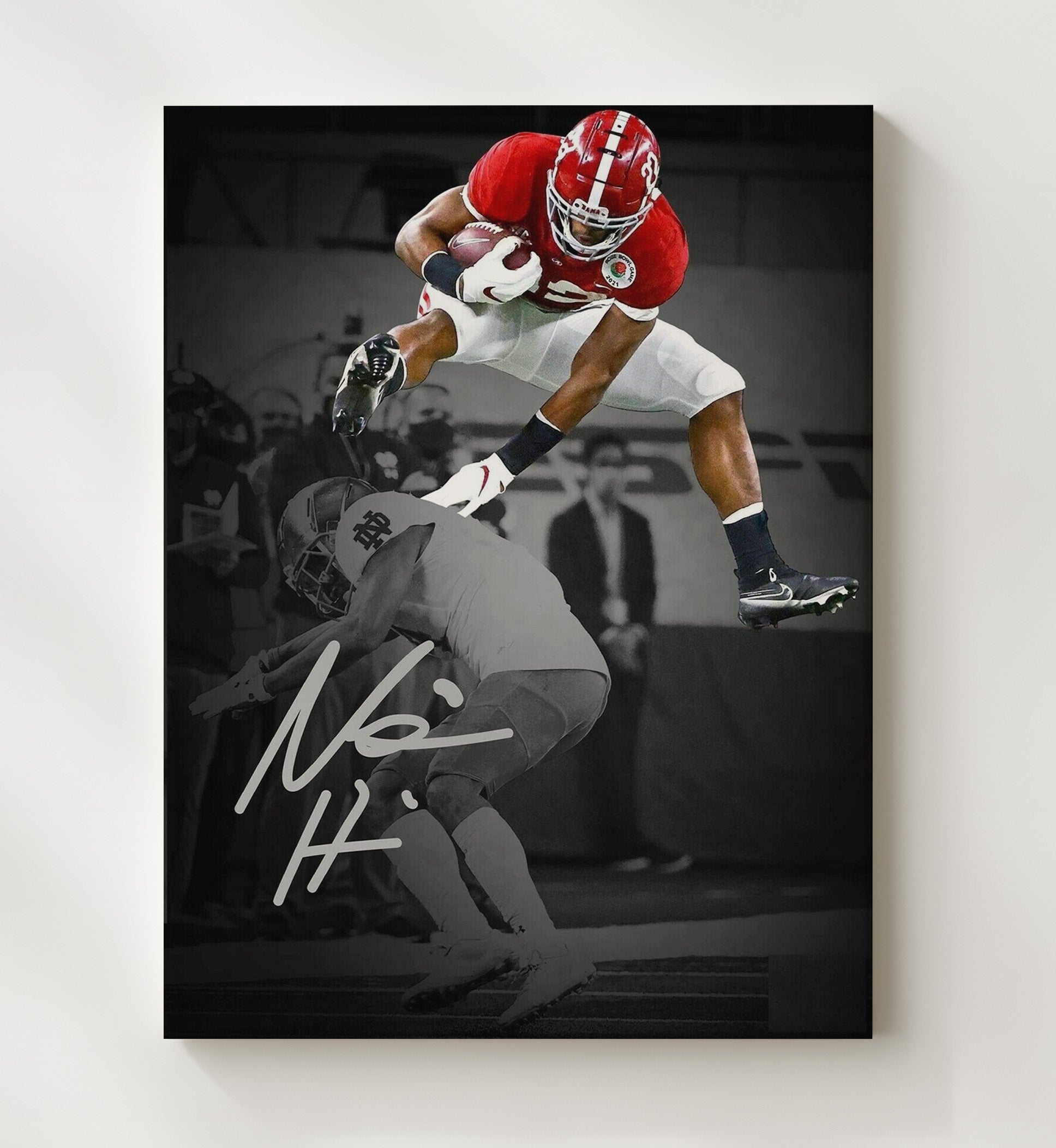 Alabama Football Najee Harris Leap Air Tide College Football Wall Art 20x24 Canvas wall art print – College Football decor