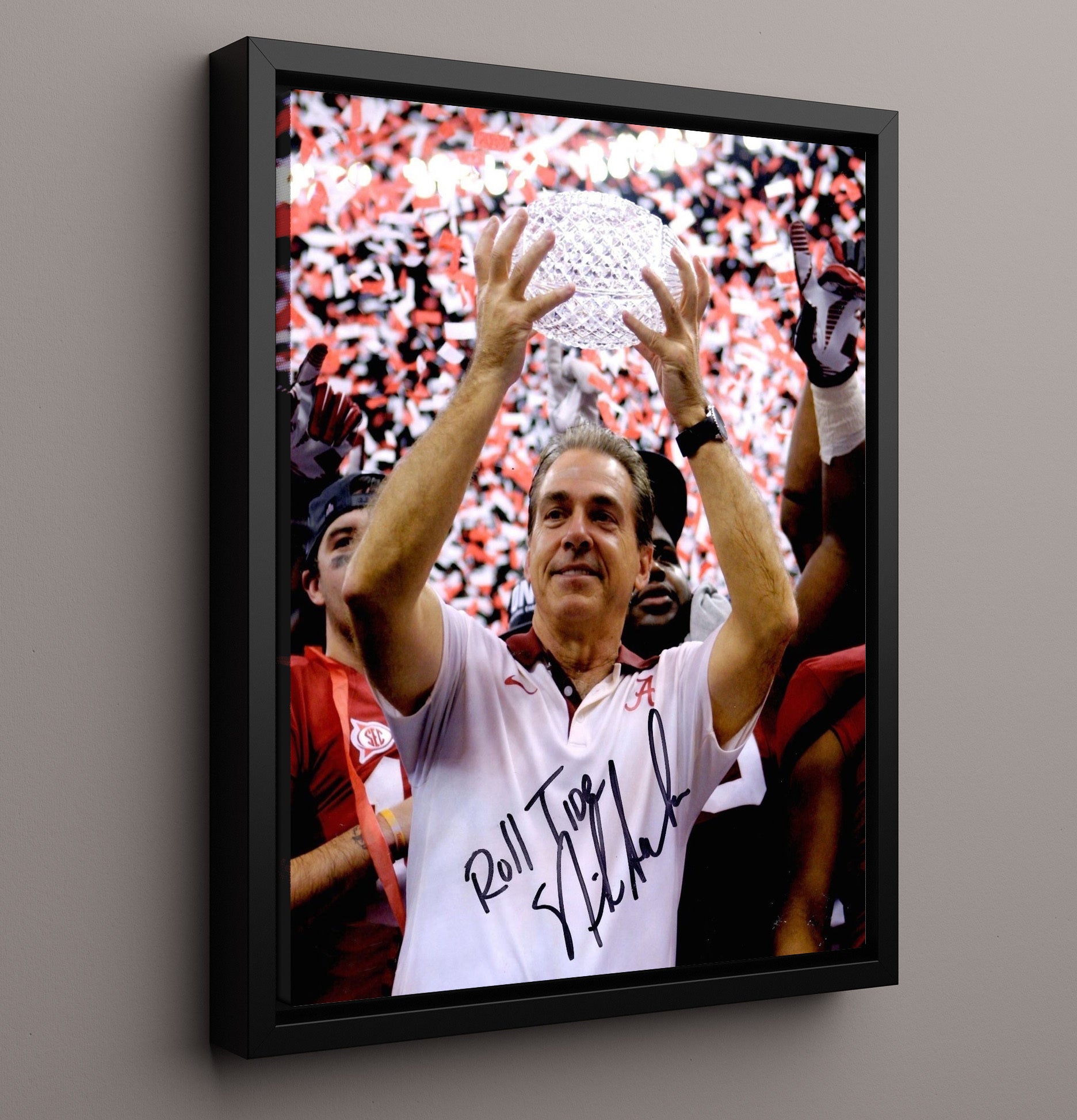 Alabama Football Nick Saban Trophy Raise Roll Trophy Tide College Football Wall Art 16x20 Framed Canvas wall art print – College Football decor
