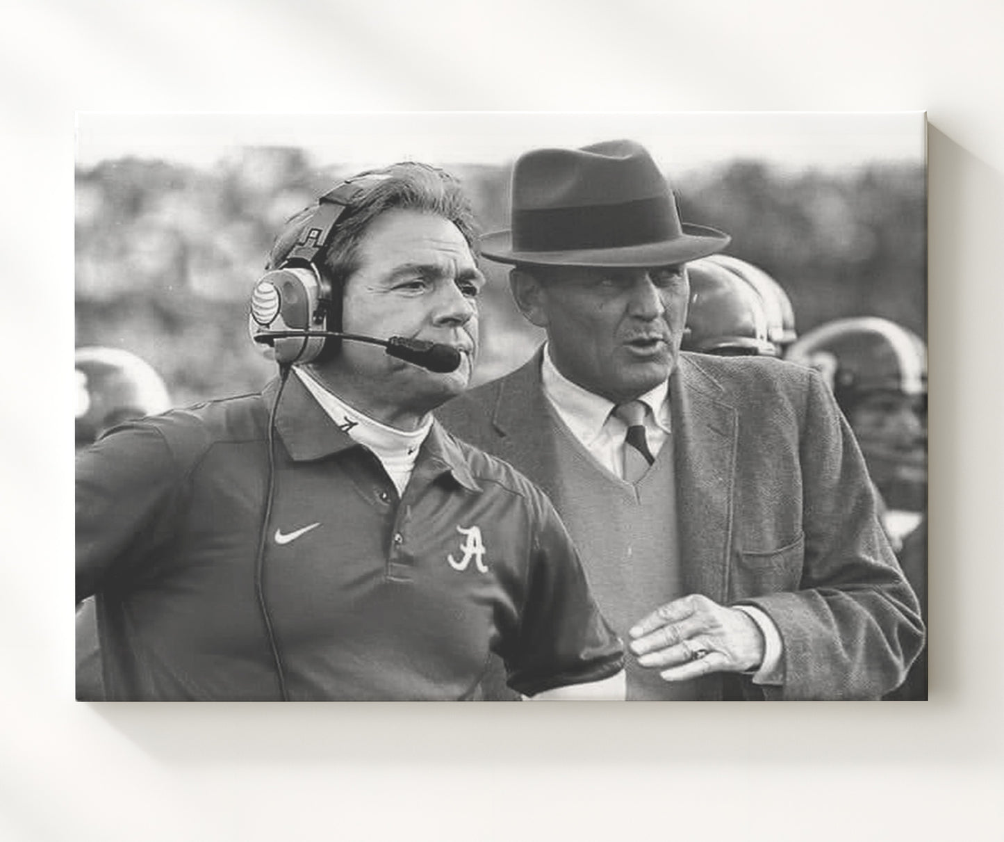 Alabama Football Nick Saban and Bear Bryant Sideline Legacy Comparison Portrait College 20x24 Canvas wall art print – College Football decor