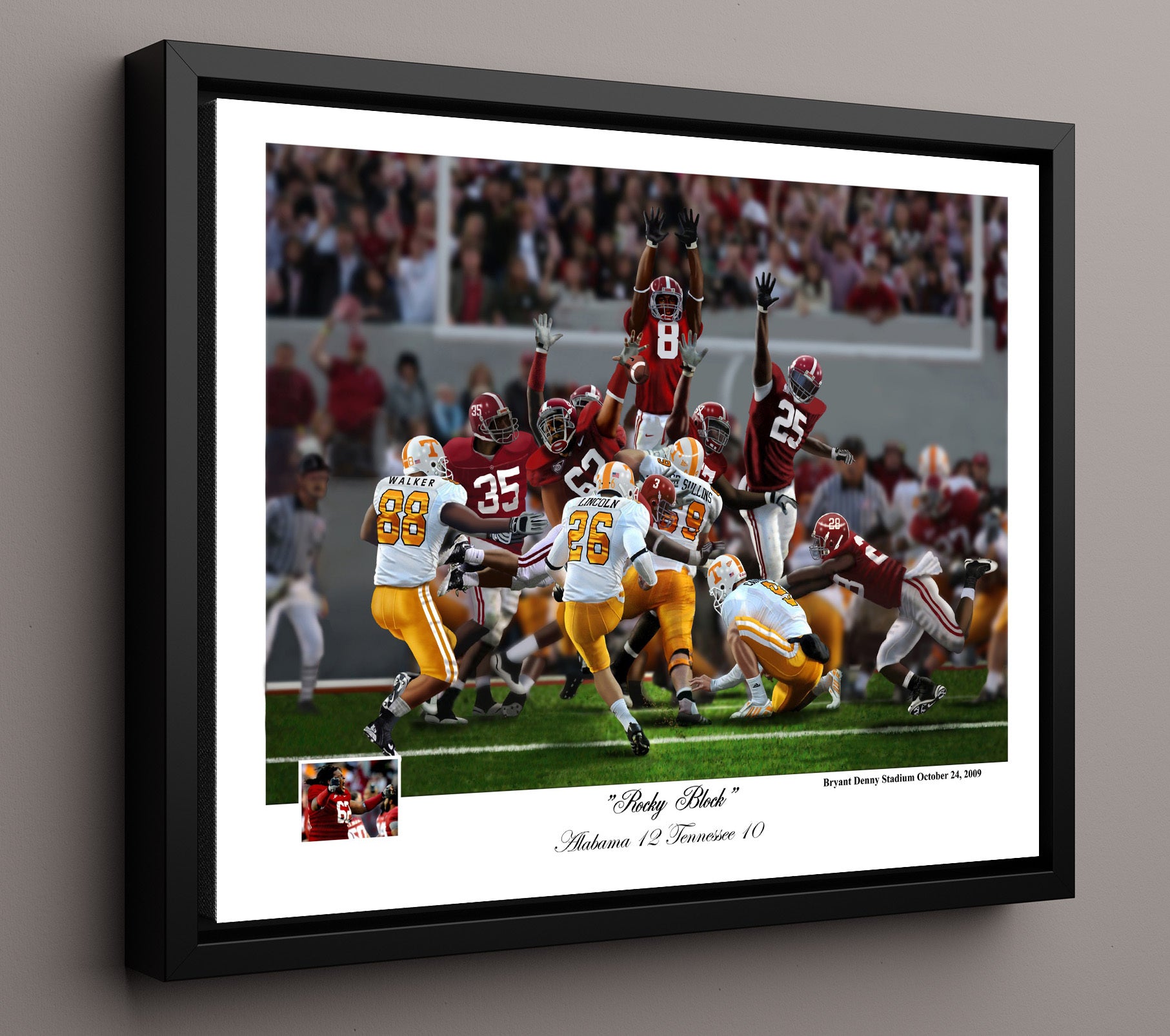 Alabama Football Rocky Block Field Goal Block vs Tennessee 2009 College Football Wall Art 16x20 Framed Canvas wall art print – College Football decor