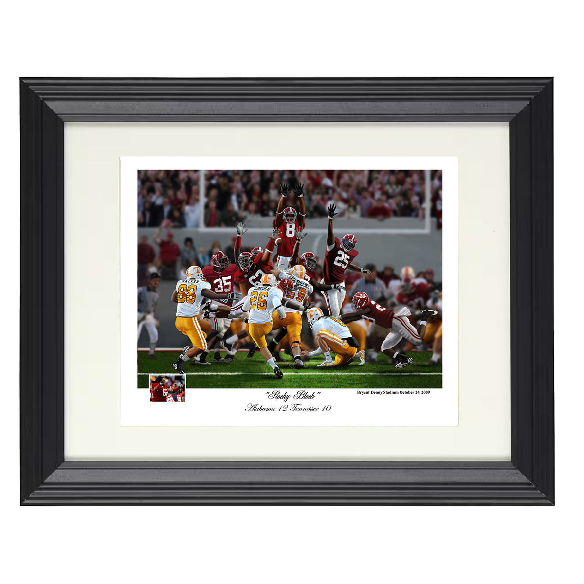 Alabama Football - Rocky Block Field Goal Block vs Tennessee 2009 8x10 Beveled Frame college football wall art