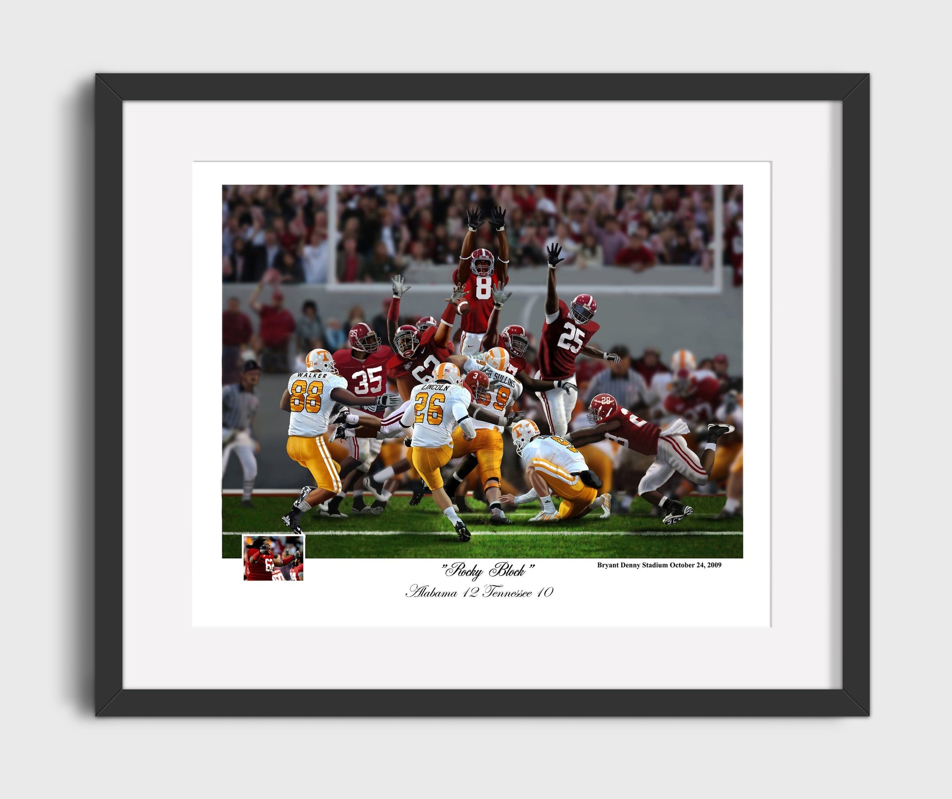 Alabama Football - Rocky Block Field Goal Block vs Tennessee 2009 8x10 Gallery Frame college football wall art