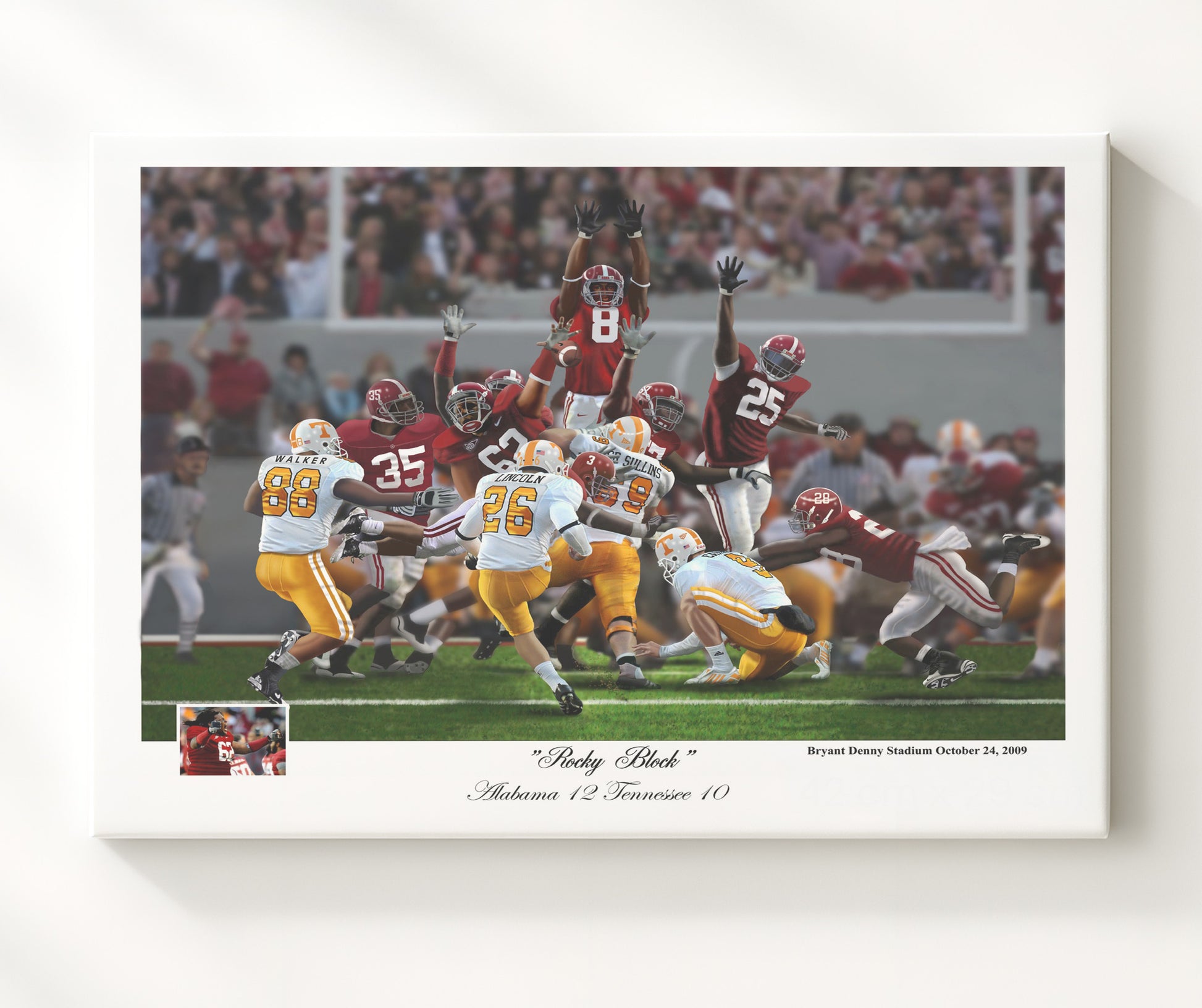 Alabama Football - Rocky Block Field Goal Block vs Tennessee 2009 8x10 Canvas college football wall art