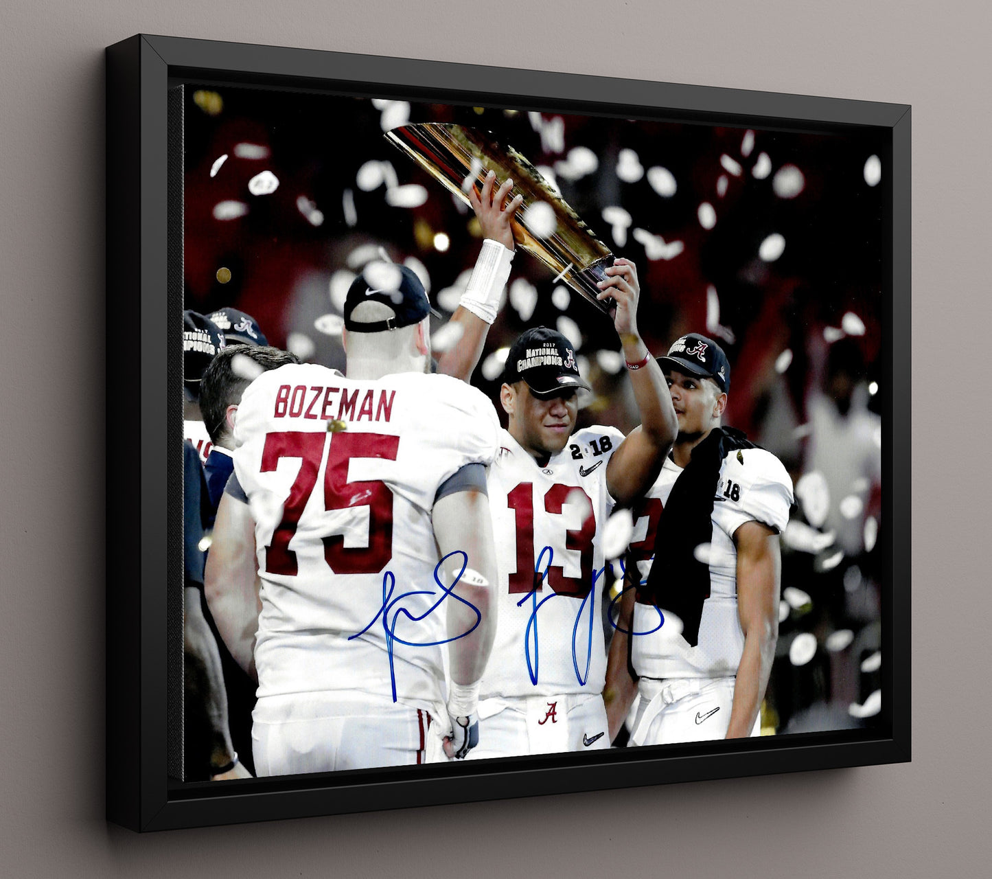 Alabama Football Tua Tagovailoa Trophy Celebration Confetti Championship Moment College 16x20 Framed Canvas wall art print – College Football decor