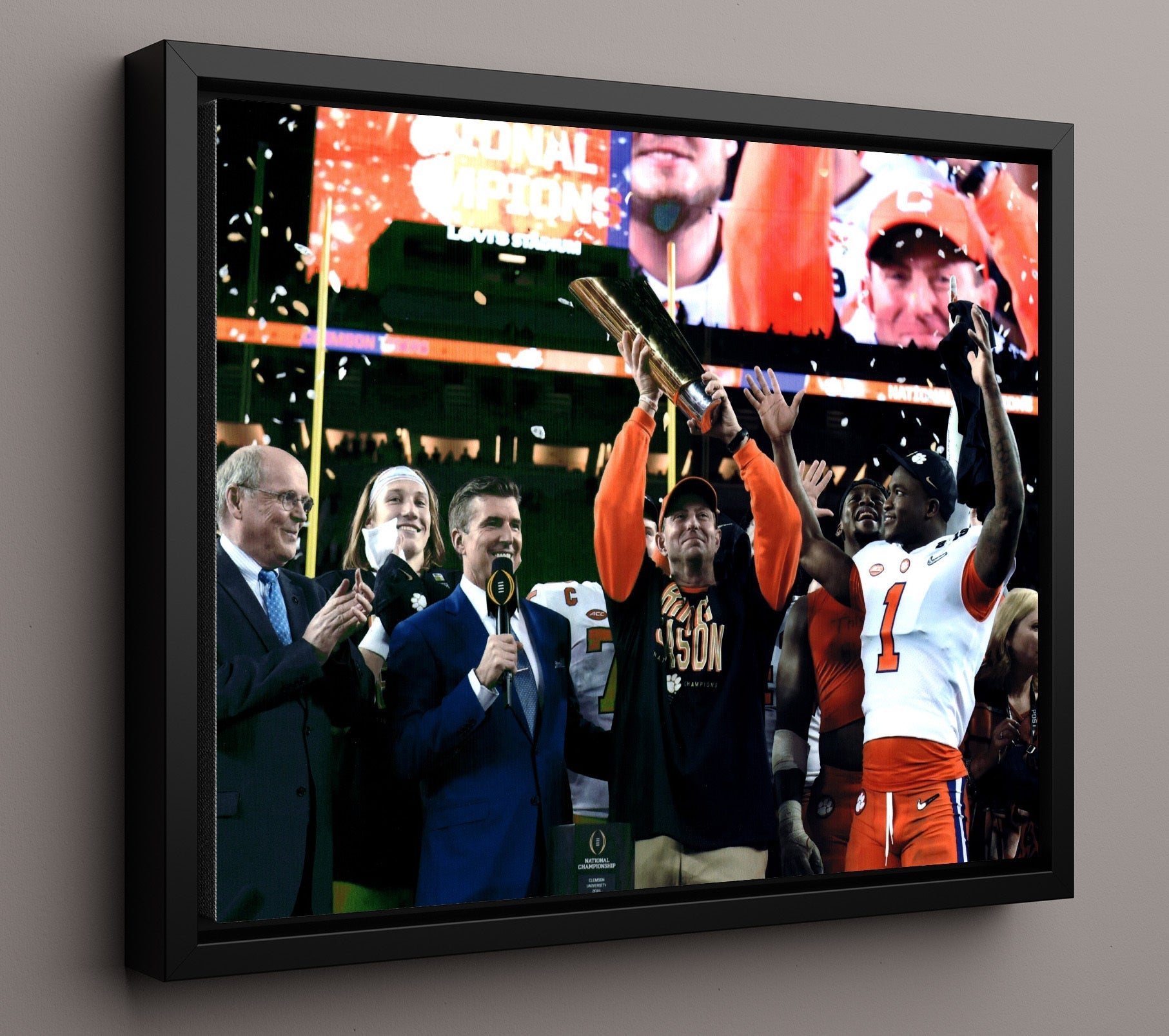 Clemson Football - Dabo Swinney Championship Trophy Celebration 2018 8x10 Framed Canvas college football wall art
