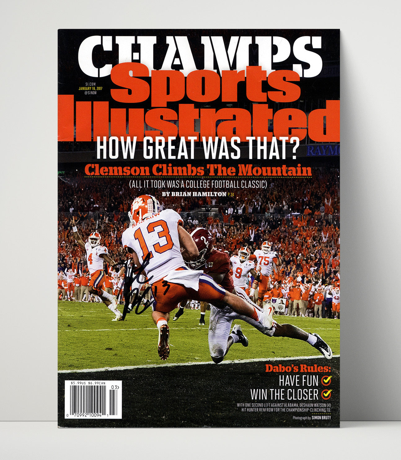 Clemson Football Hunter Renfrow Title Clinching Touchdown 2017 SI Cover College Football Wall 16x20 Unframed Print wall art print – College Football decor