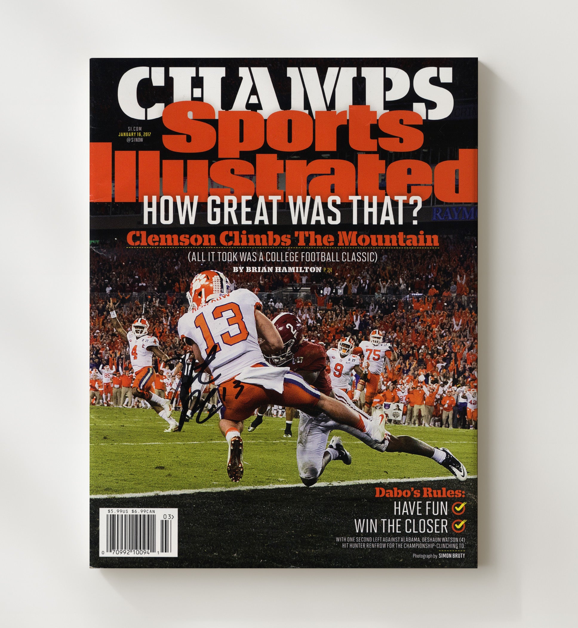 Clemson Football Hunter Renfrow Title Clinching Touchdown 2017 SI Cover College Football Wall 20x24 Canvas wall art print – College Football decor