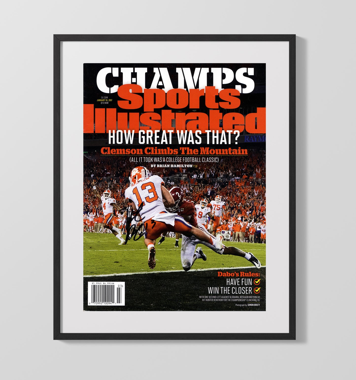 Clemson Football Hunter Renfrow Title Clinching Touchdown 2017 SI Cover College Football Wall 16x20 Gallery Frame wall art print – College Football decor