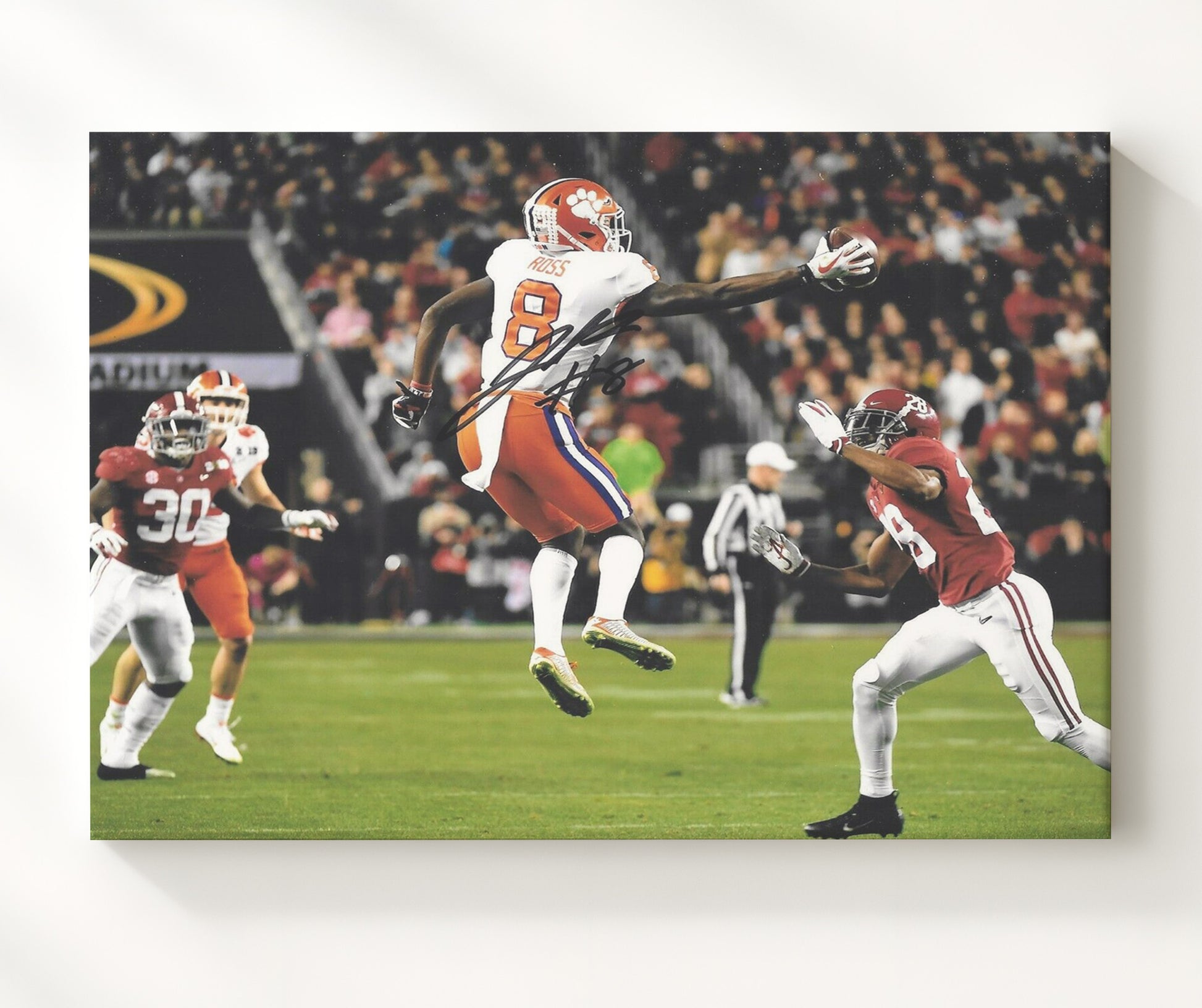 Clemson Football Justyn Ross Leaping Catch vs Alabama College Football Wall Art 20x24 Canvas wall art print – College Football decor