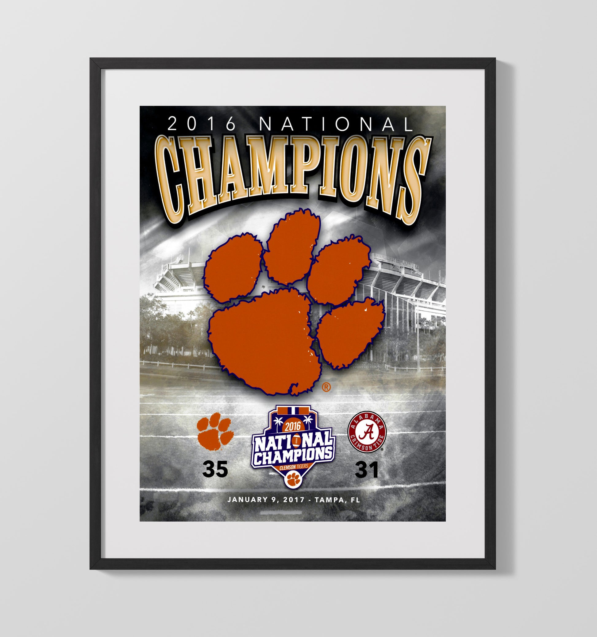 Clemson Football National Championship Victory Scorecard 2017 College Football Wall Art 16x20 Gallery Frame wall art print – College Football decor