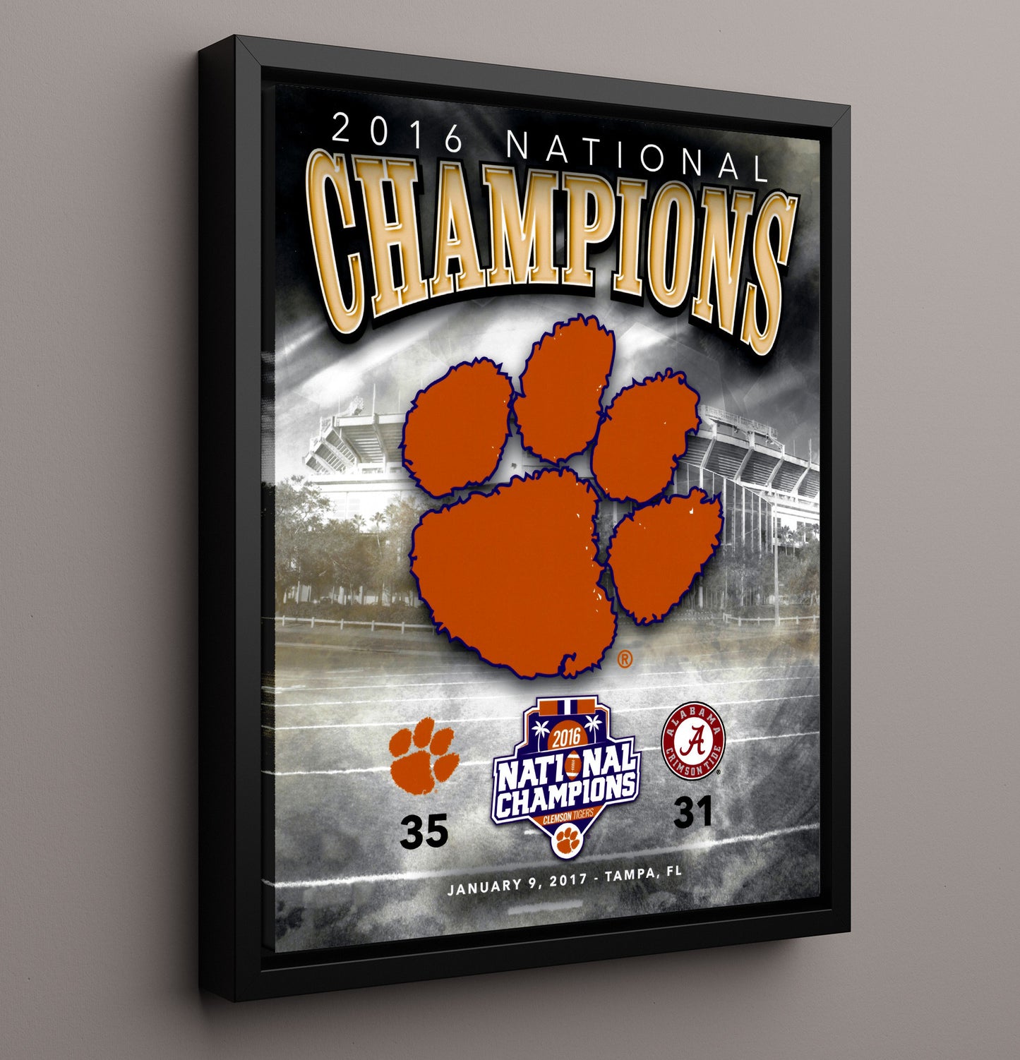 Clemson Football National Championship Victory Scorecard 2017 College Football Wall Art 16x20 Framed Canvas wall art print – College Football decor