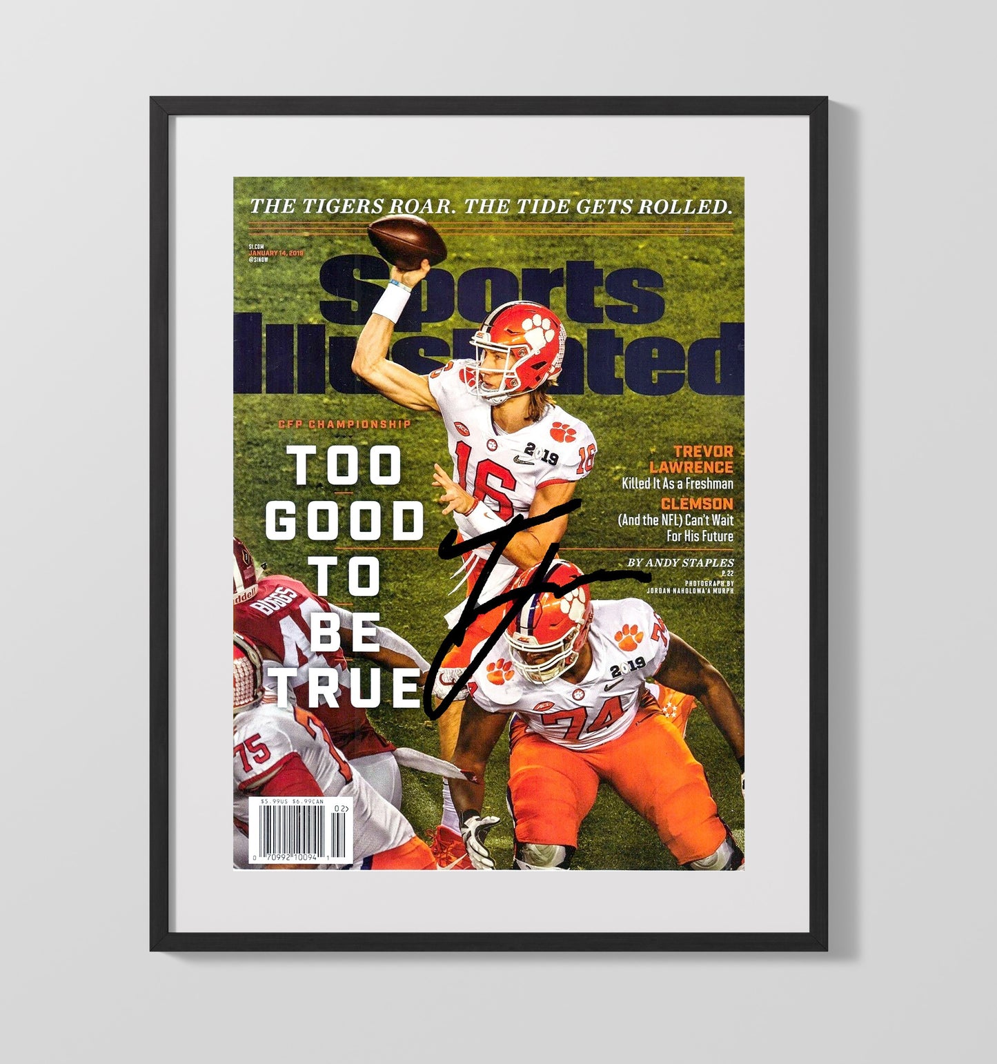 Clemson Football Trevor Lawrence Too Good To Be True SI Cover 2019 College Football Wall Art 16x20 Gallery Frame wall art print – College Football decor