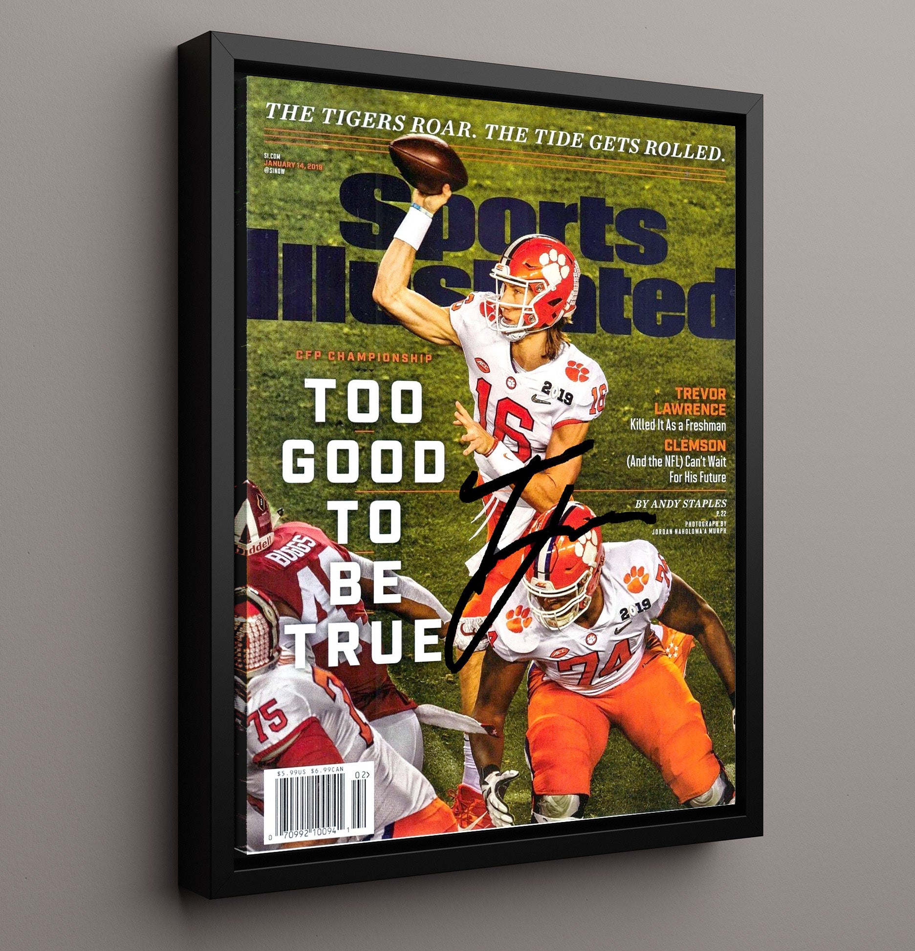 Clemson Football Trevor Lawrence Too Good To Be True SI Cover 2019 College Football Wall Art 16x20 Framed Canvas wall art print – College Football decor