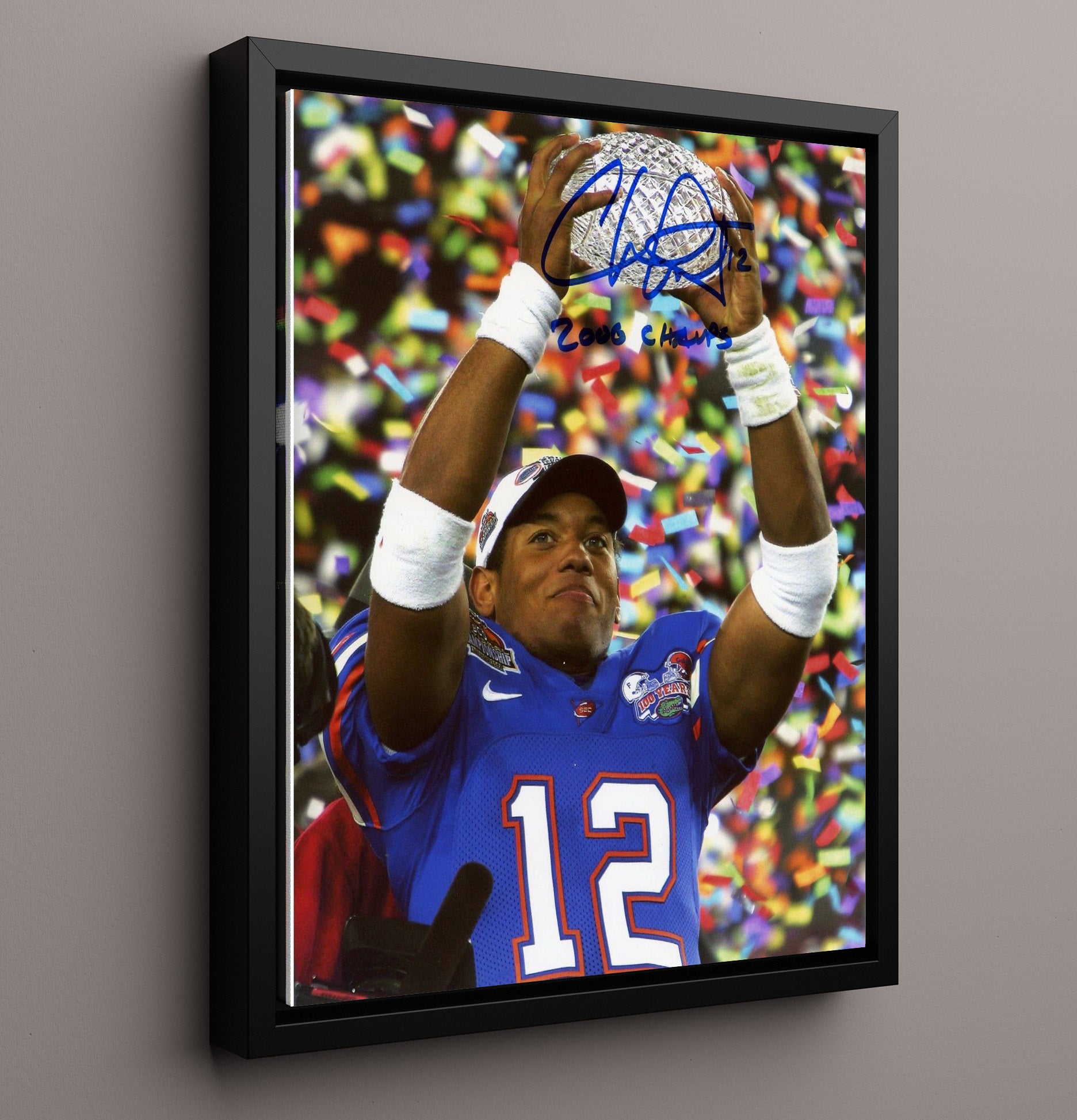 Florida Football Chris Leak Trophy Raise Under Confetti College Football Wall Art 16x20 Framed Canvas wall art print – College Football decor