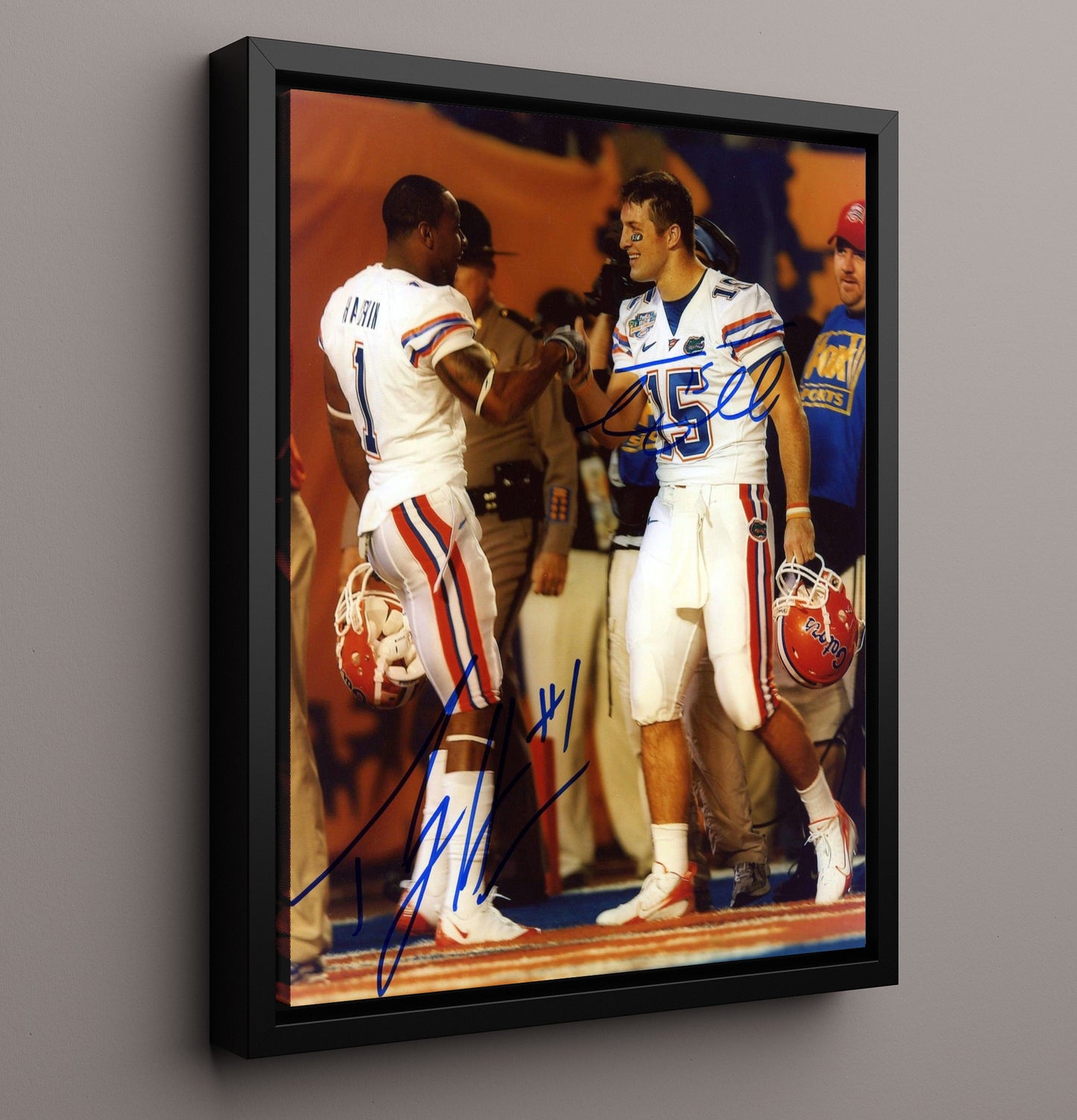 Florida Football Tebow Harvin Sideline Celebration College Football Wall Art 16x20 Framed Canvas wall art print – College Football decor