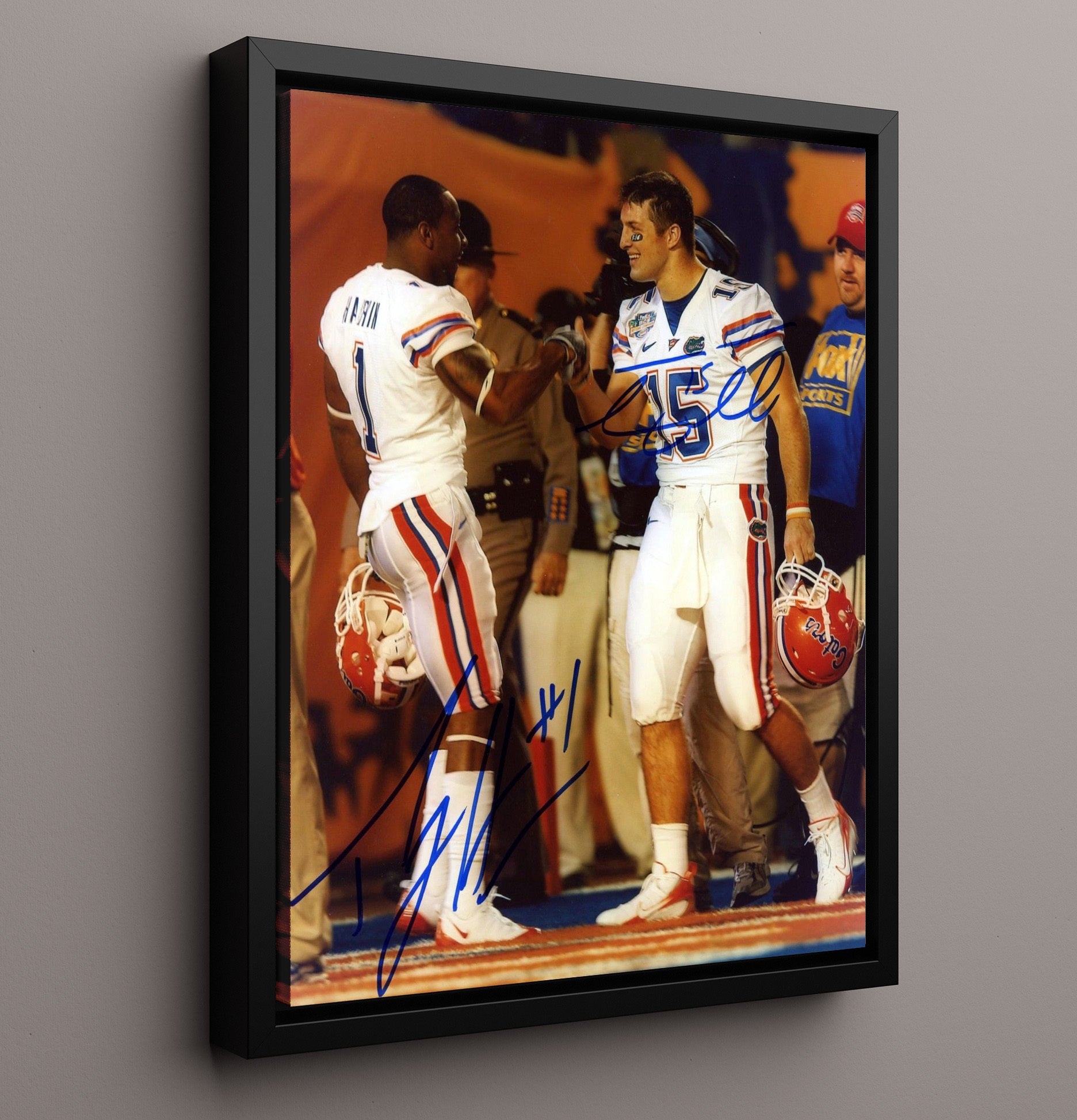 Florida Football Tebow Harvin Sideline Celebration College Football Wall Art 16x20 Framed Canvas wall art print – College Football decor