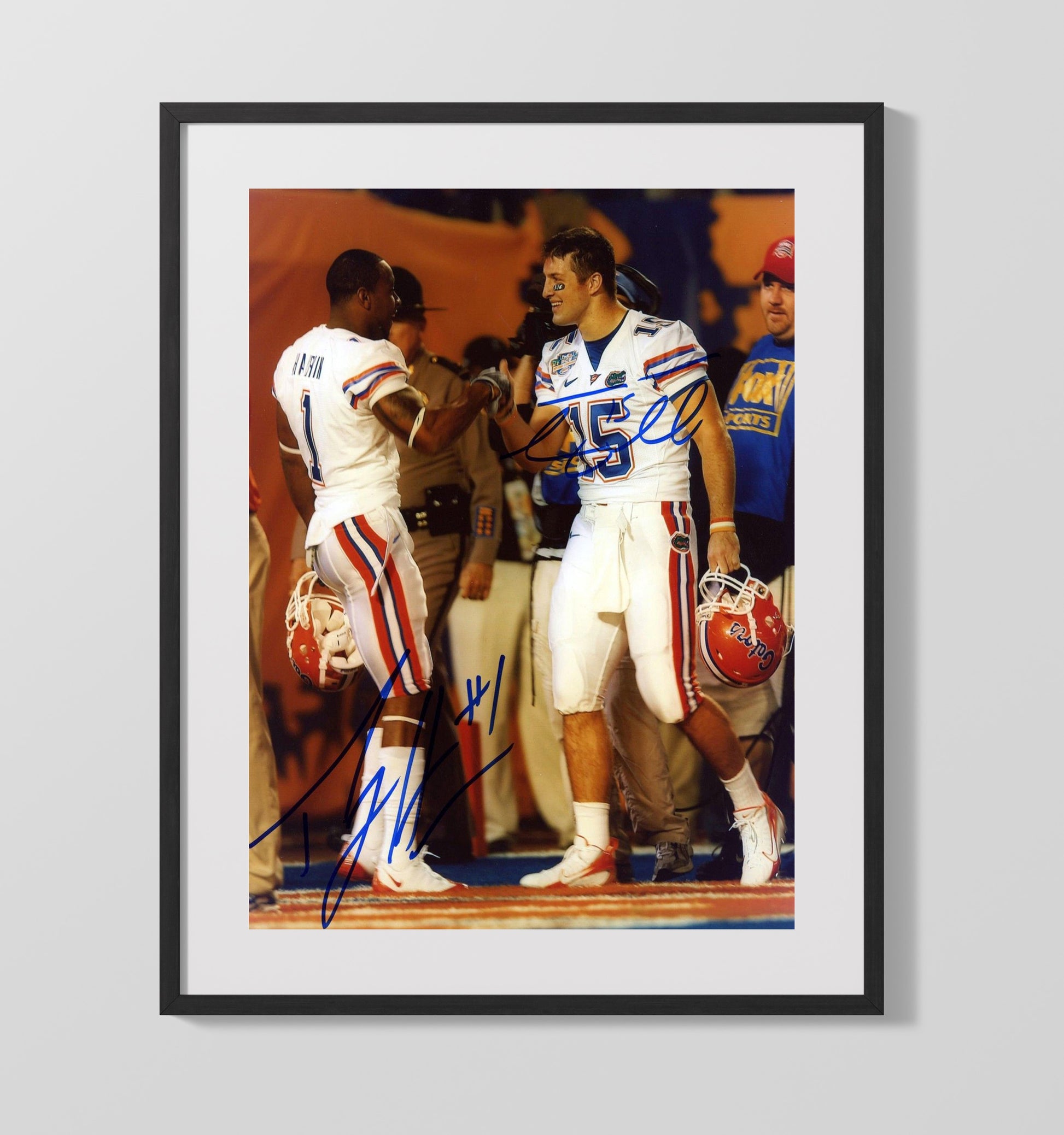 Florida Football Tebow Harvin Sideline Celebration College Football Wall Art 16x20 Gallery Frame wall art print – College Football decor