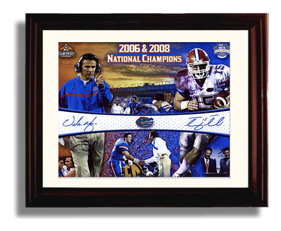 Florida Football Tebow and Meyer Dual Championship Era College Football Wall Art 8x10 Beveled Frame wall art print – College Football decor