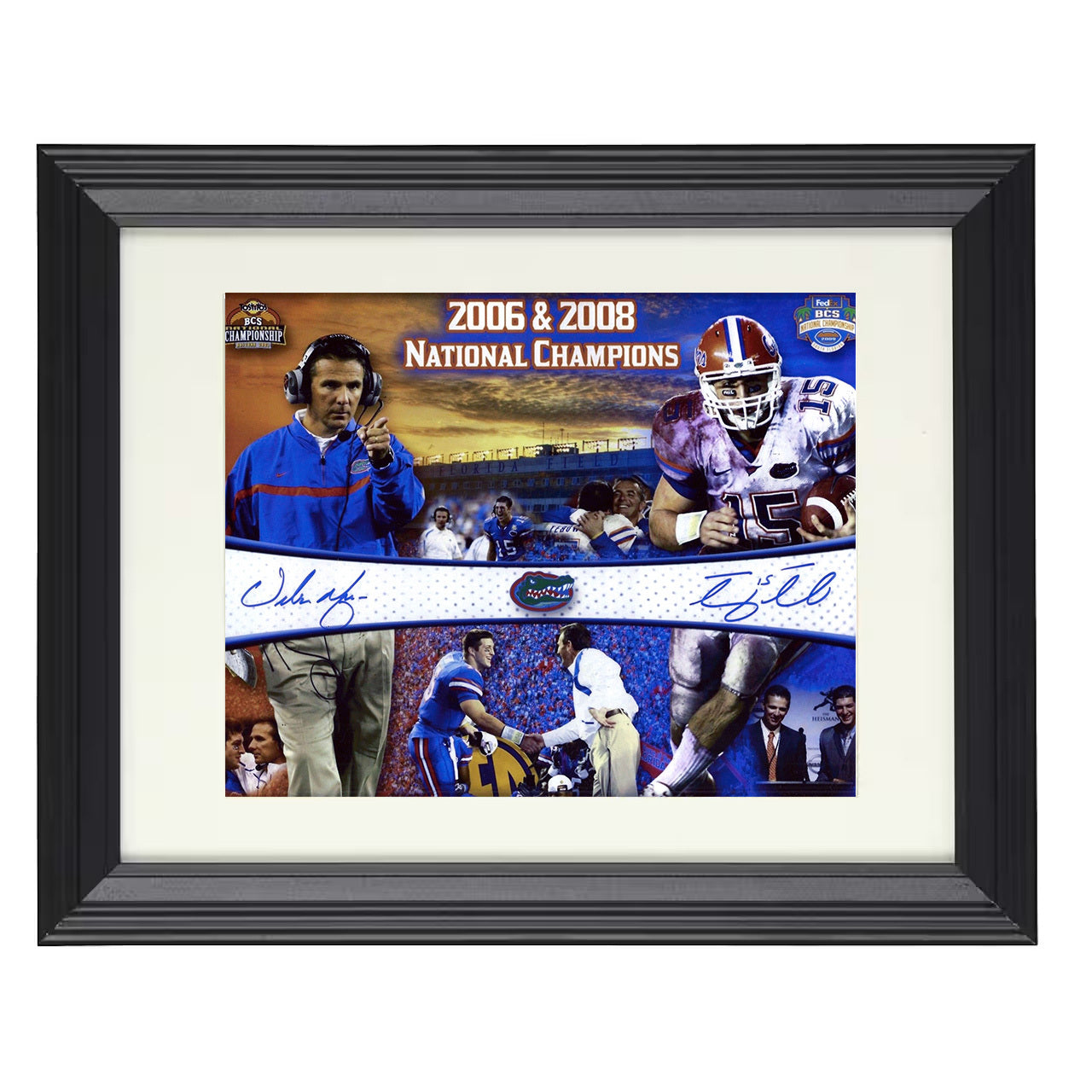 Florida Football Tebow and Meyer Dual Championship Era 8x10 black beveled frame college football wall art