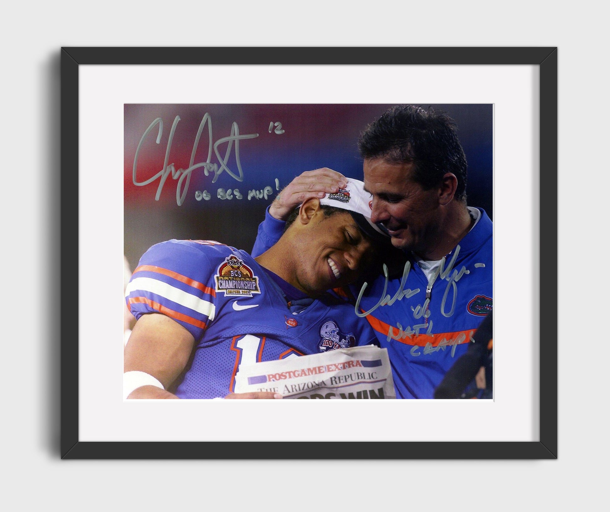 Florida Football Urban Meyer and Chris Leak Championship Moment College Football Wall Art 16x20 Gallery Frame wall art print – College Football decor