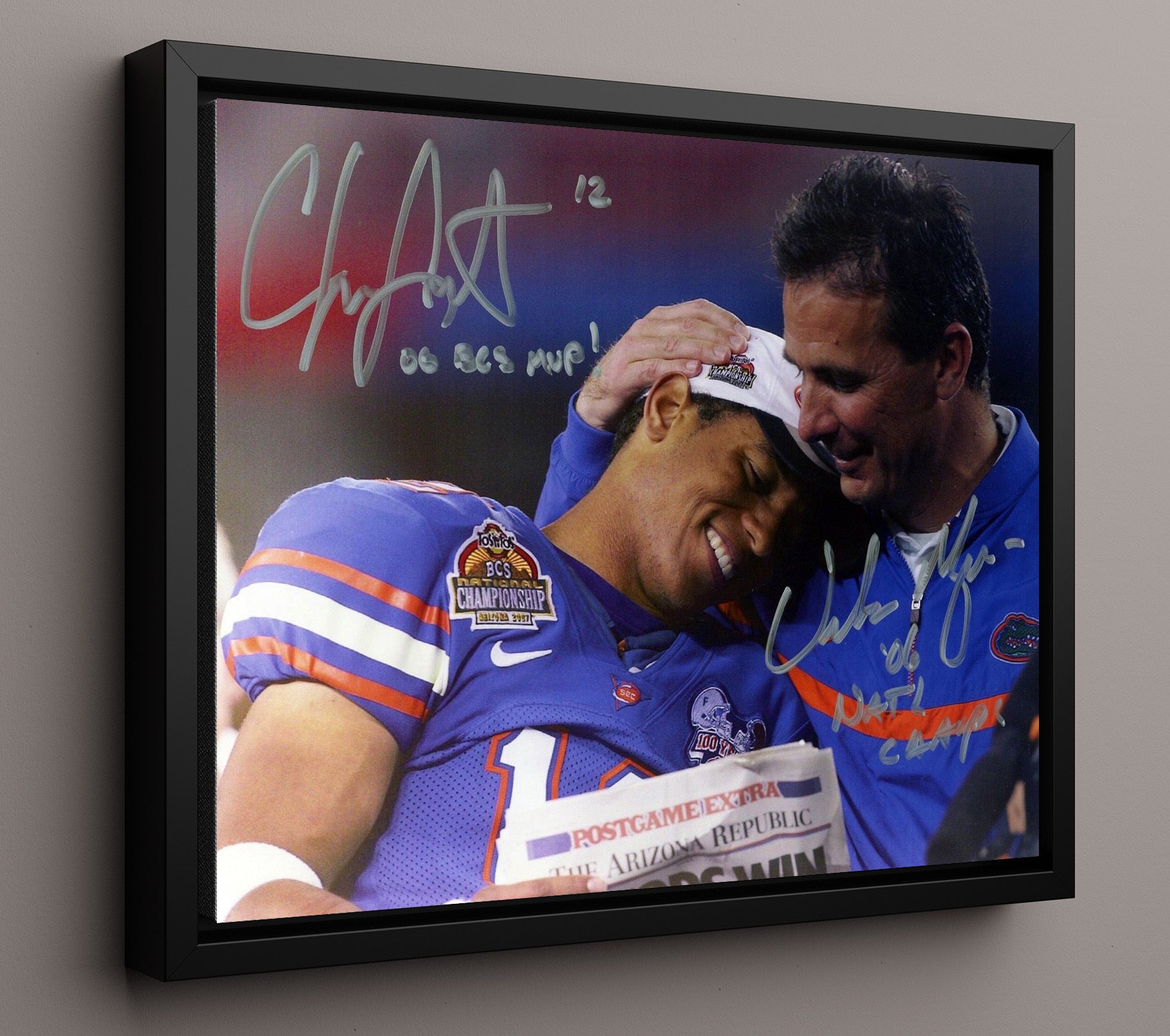 Florida Football - Urban Meyer and Chris Leak Championship Moment 8x10 Framed Canvas college football wall art