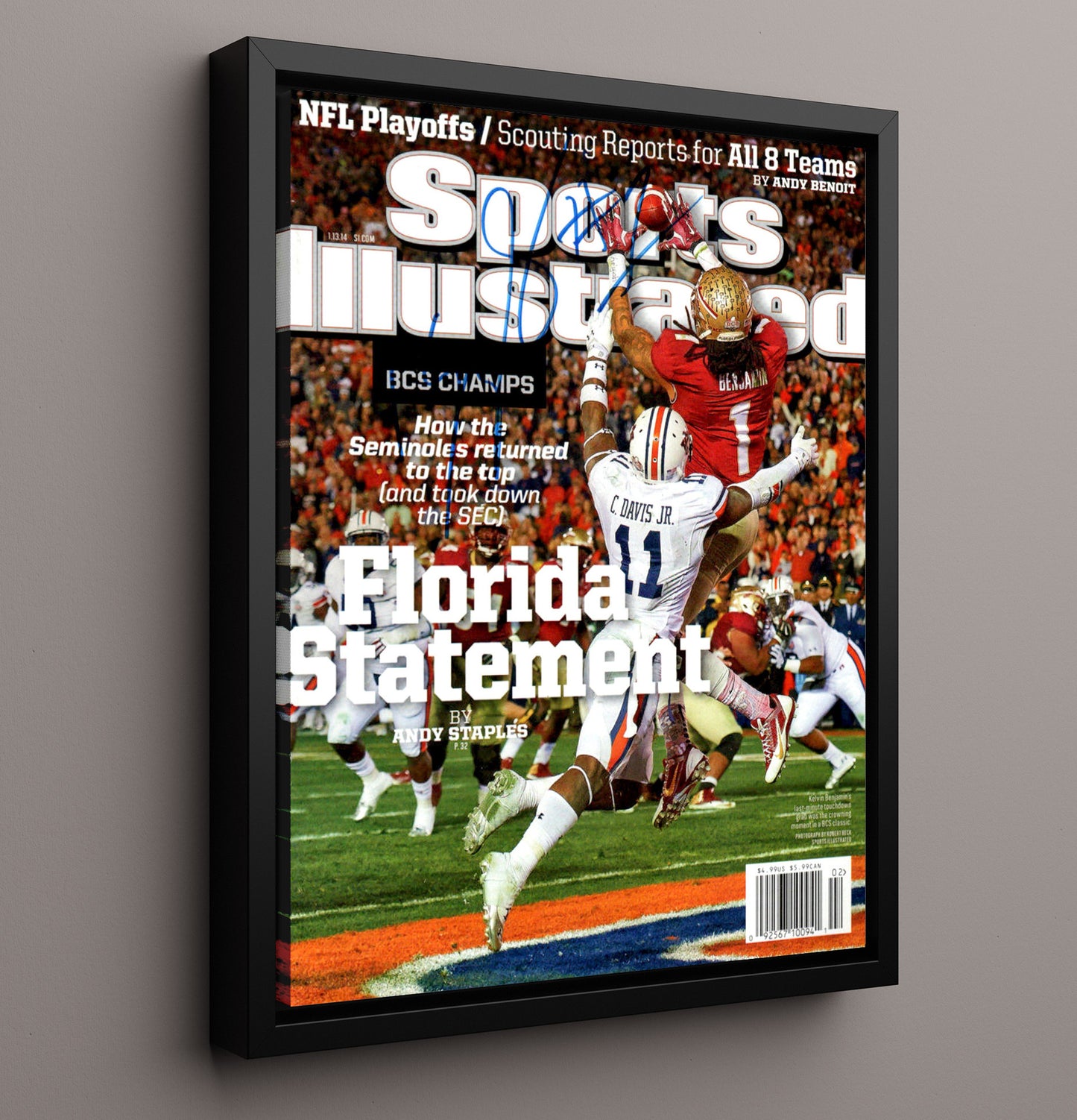Florida State Football Kelvin Benjamin Game Winning Catch SI Cover College Football Wall Art 16x20 Framed Canvas wall art print – College Football decor
