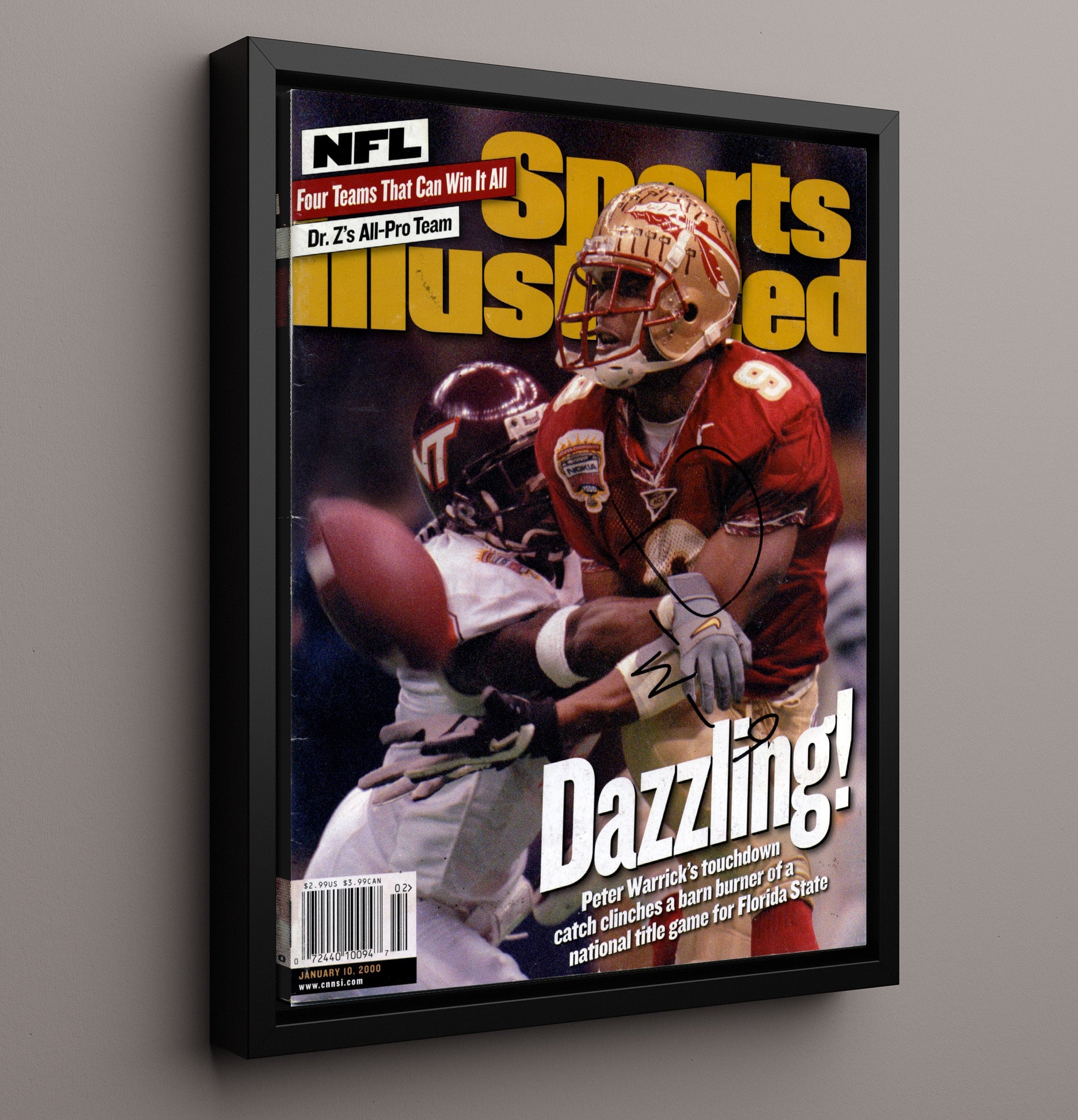 Florida State Football Peter Warrick Dazzling Play SI Cover 2000 College Football Wall Art 16x20 Framed Canvas wall art print – College Football decor