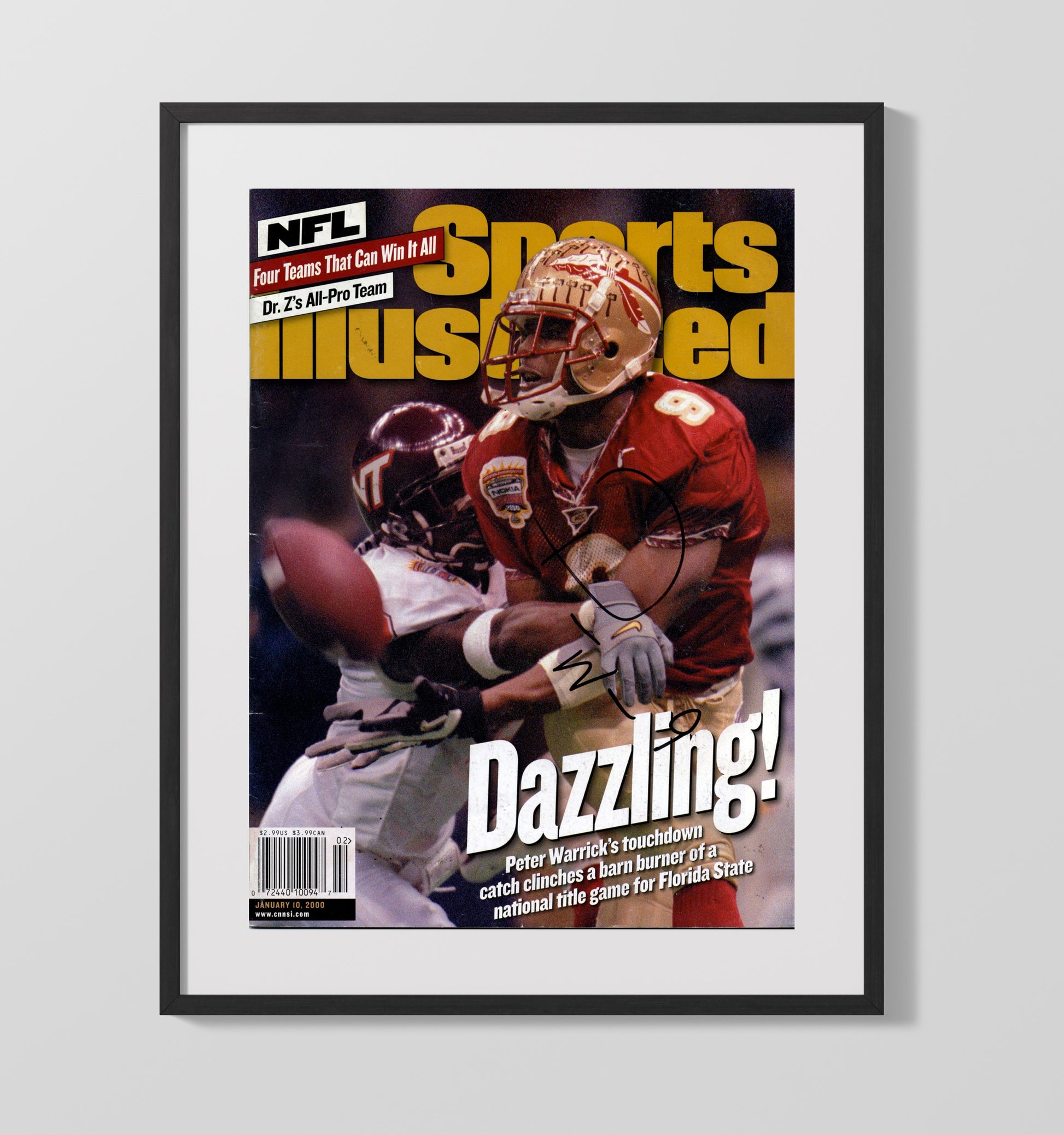 Florida State Football Peter Warrick Dazzling Play SI Cover 2000 College Football Wall Art 16x20 Gallery Frame wall art print – College Football decor