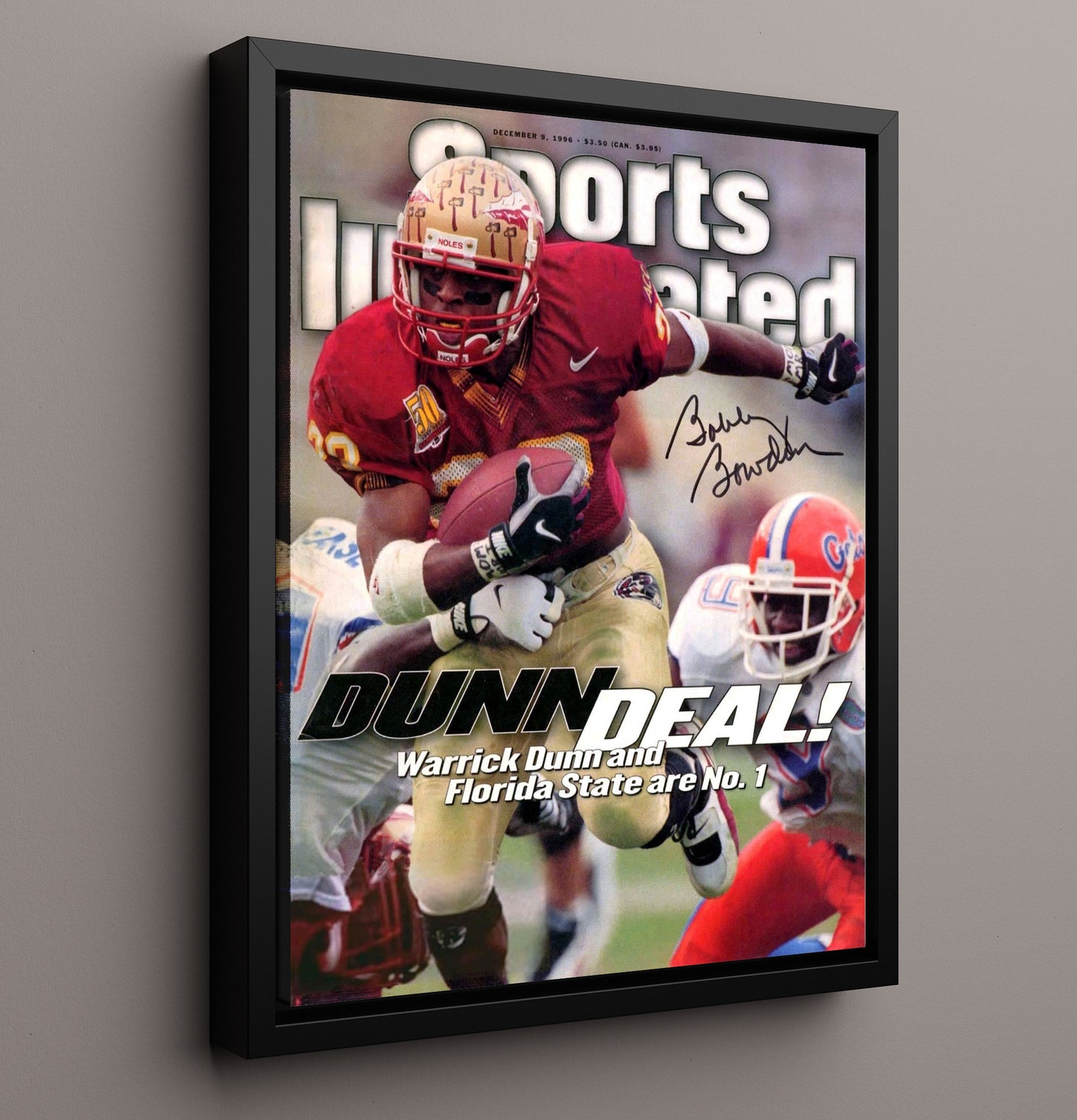 Florida State Football Warrick Dunn Breakaway Run SI Cover 1996 College Football Wall Art 16x20 Framed Canvas wall art print – College Football decor