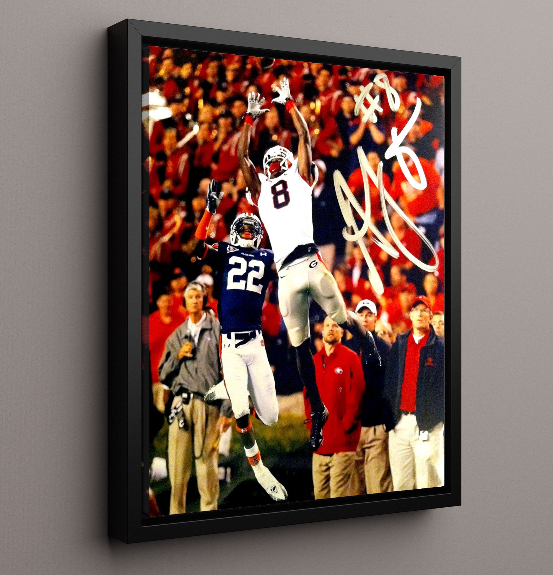 Georgia Football AJ Green High Point Catch College Football Wall Art 16x20 Framed Canvas wall art print – College Football decor