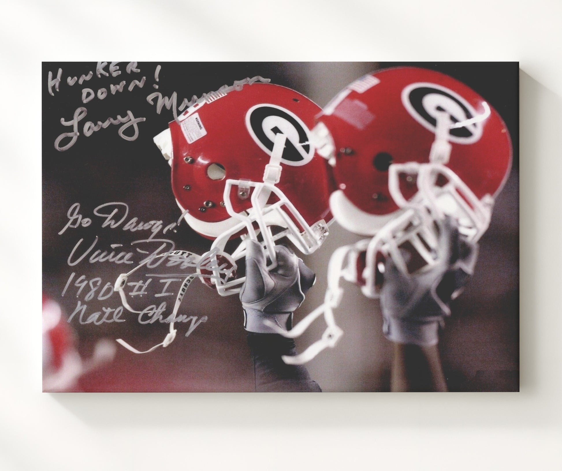 Georgia Football Dooley and Munson Helmet Tribute College Football Wall Art 20x24 Canvas wall art print – College Football decor