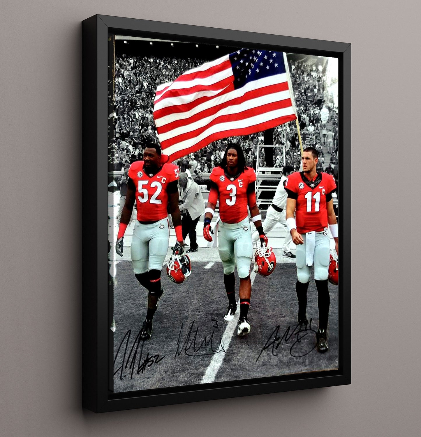 Georgia Football Gurley Team Walk Under American Flag College Football Wall Art 16x20 Framed Canvas wall art print – College Football decor