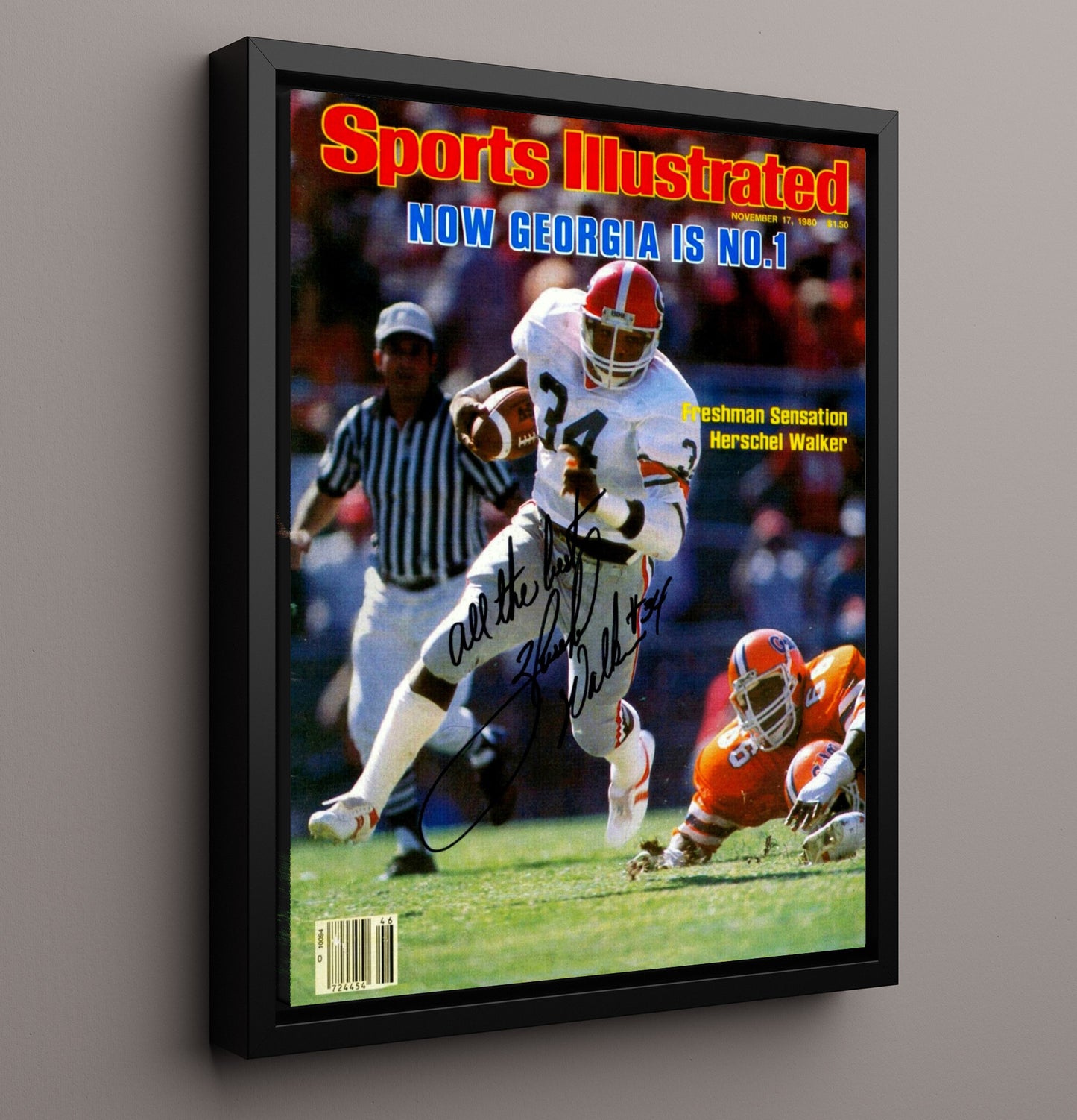 Georgia Football Herschel Walker Freshman Sensation SI Cover 1980 College Football Wall Art 16x20 Framed Canvas wall art print – College Football decor