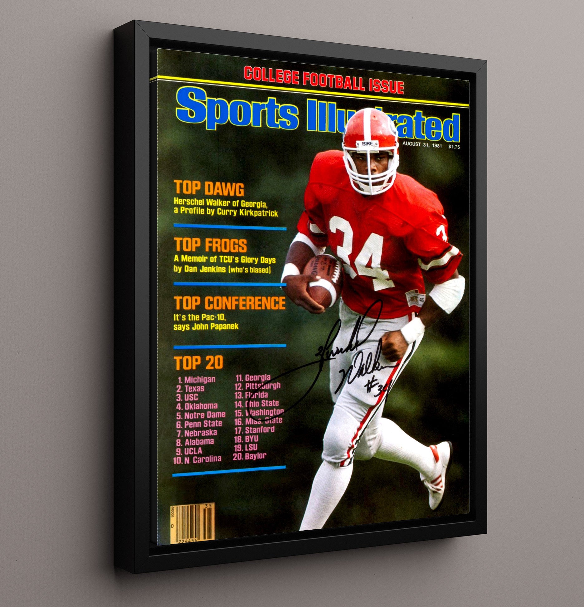 Georgia Football Herschel Walker Top Dawg SI Cover 1981 College Football Wall Art 16x20 Framed Canvas wall art print – College Football decor